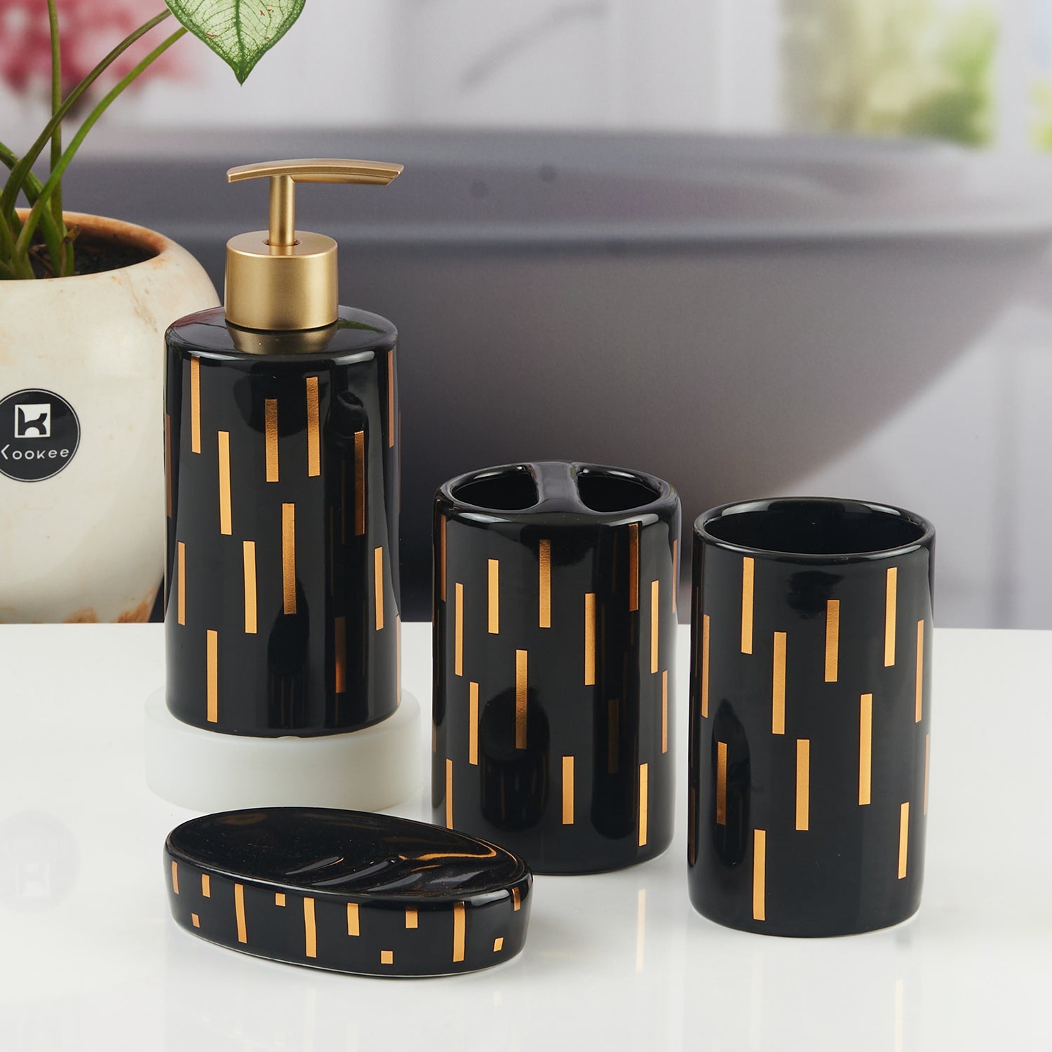 Ceramic Bathroom Accessories Set of 4 with Soap Dispenser (11375)