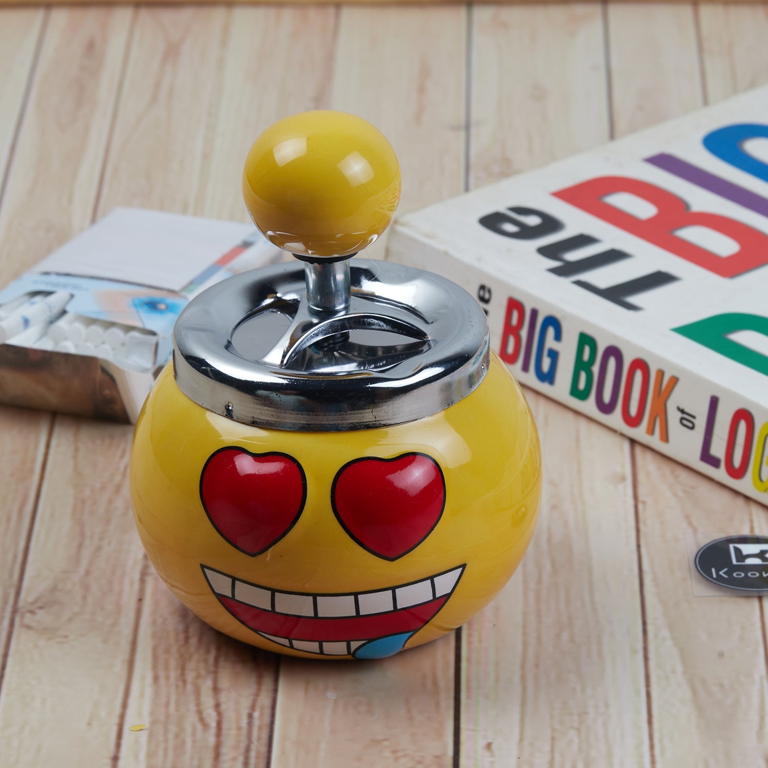 Smokeless Ceramic Push Down Ashtray for Cigarettes, Round, Yellow Smiley (11380)