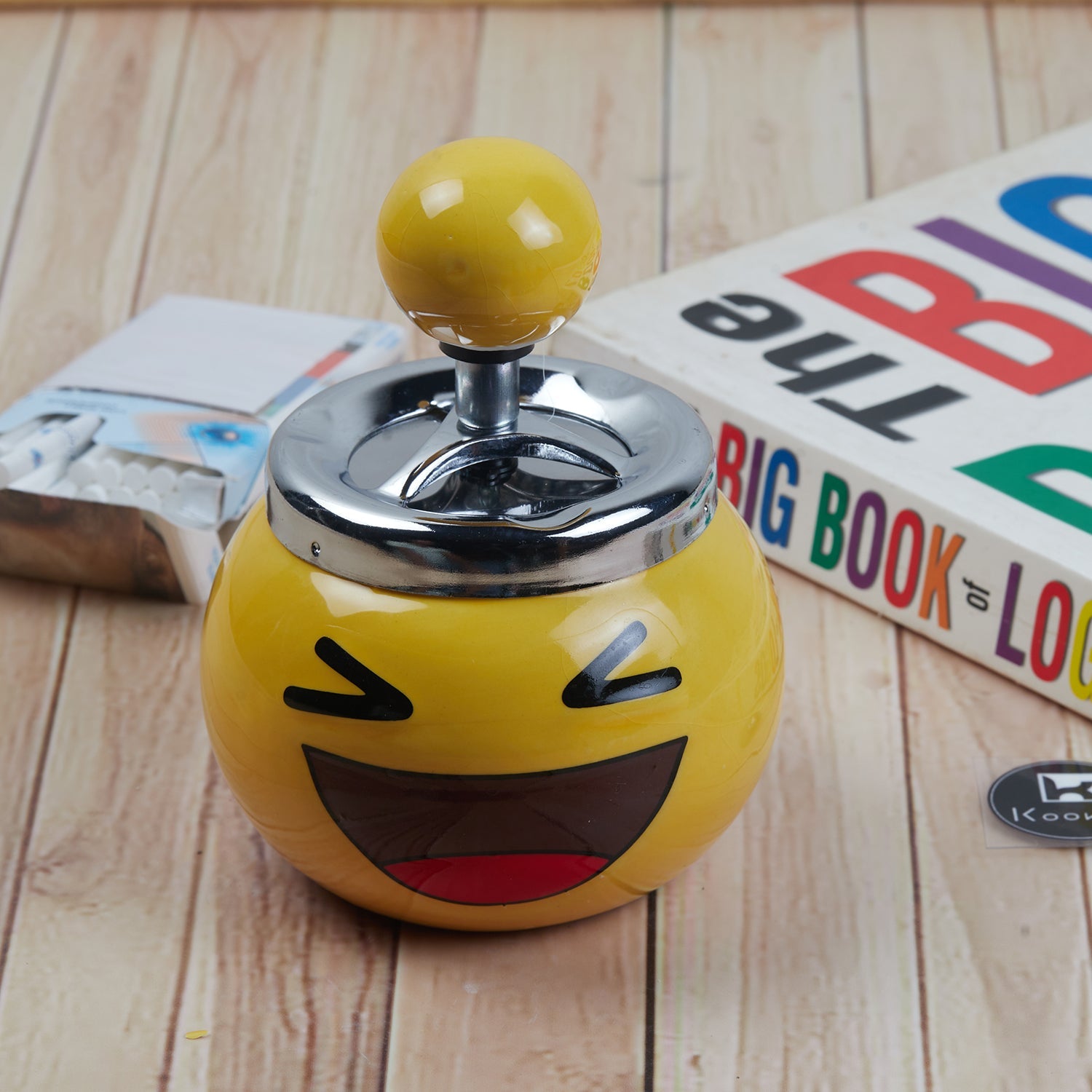 Smokeless Ceramic Push Down Ashtray for Cigarettes, Round, Yellow Smiley (11380)