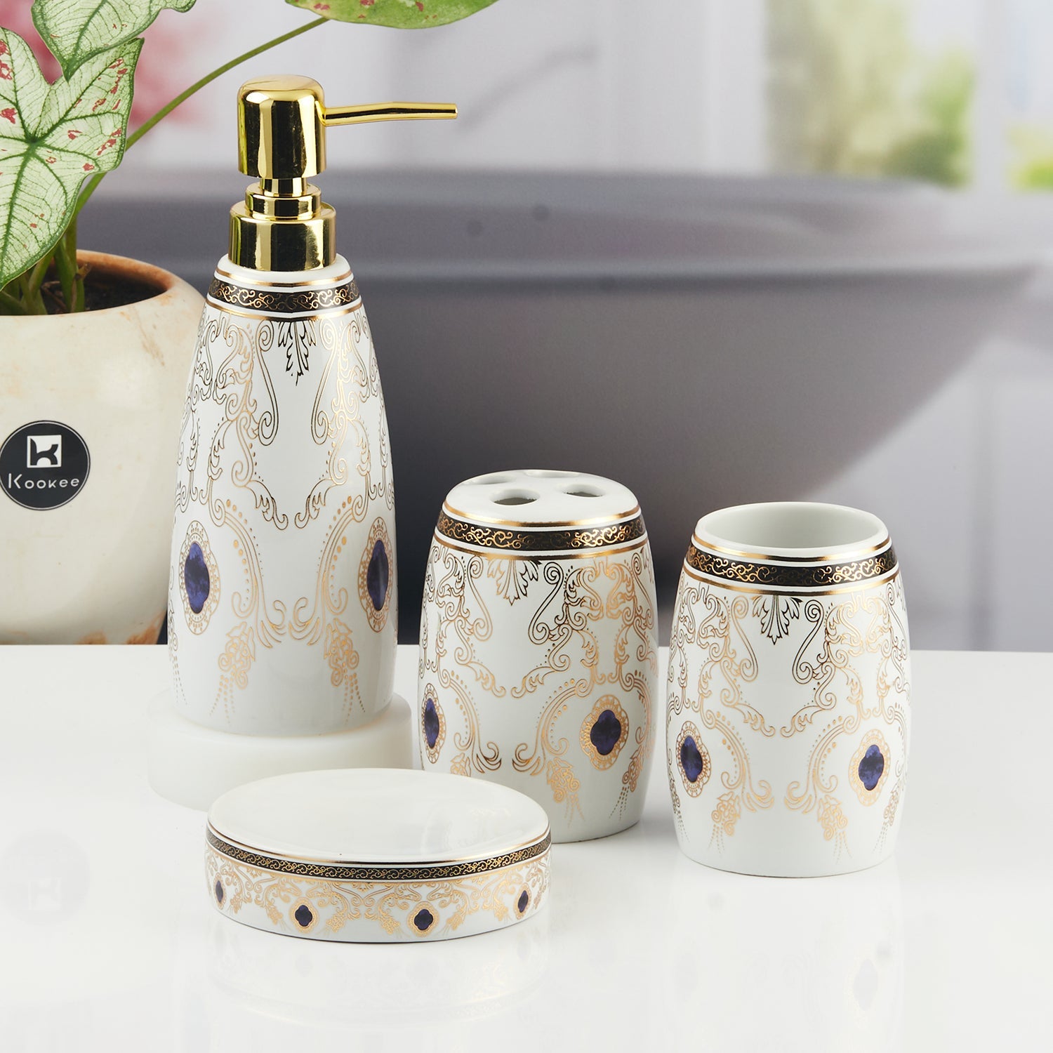 Ceramic Bathroom Accessories Set of 4 with Soap Dispenser (11389)