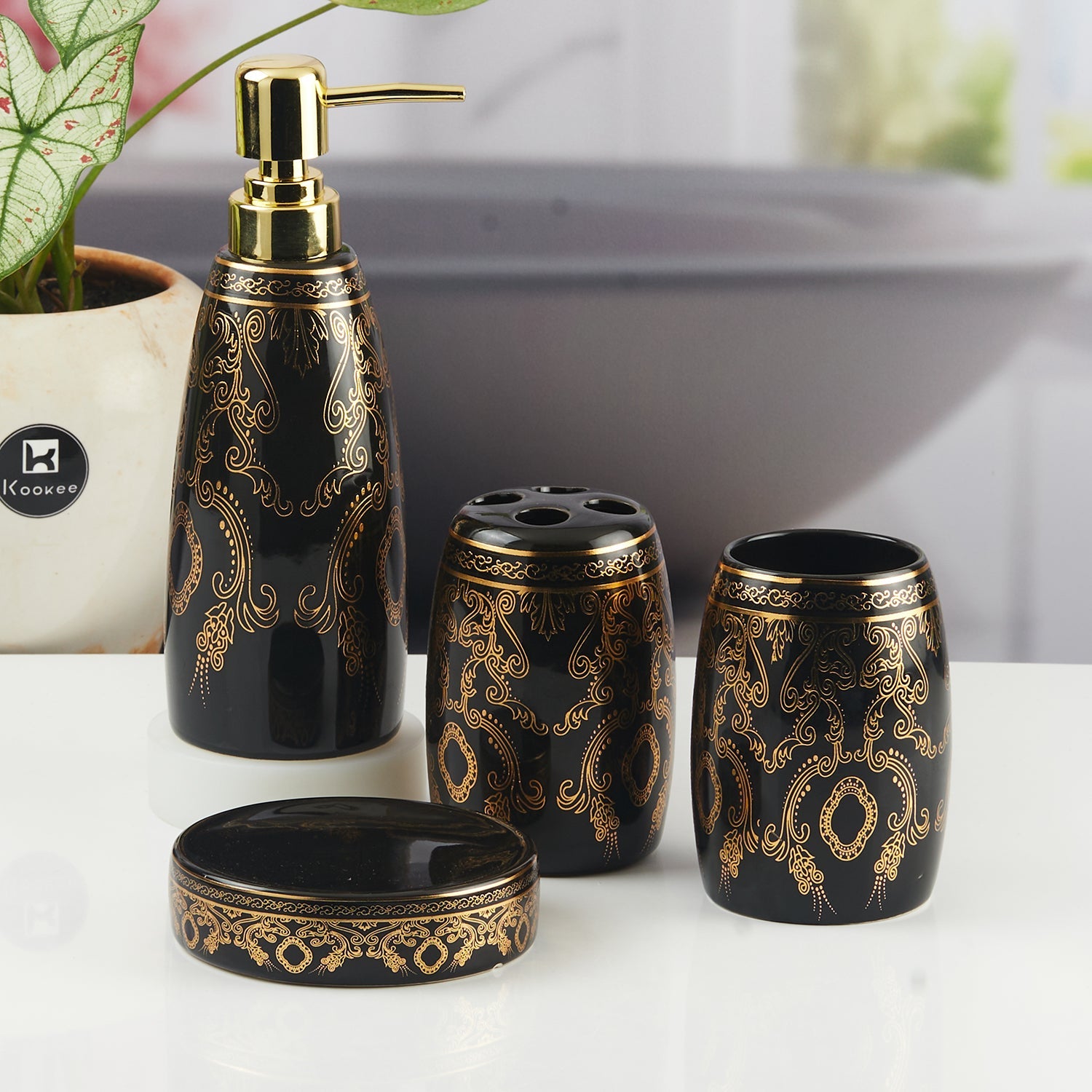 Ceramic Bathroom Accessories Set of 4 with Soap Dispenser (11389)
