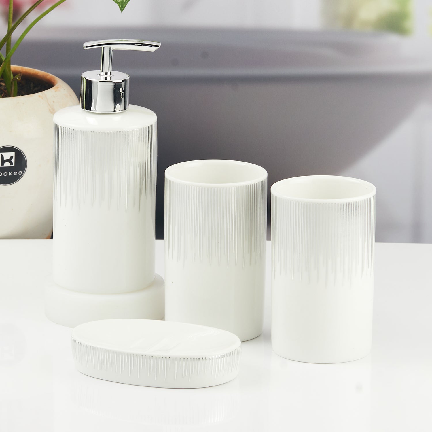 Ceramic Bathroom Accessories Set of 4 with Soap Dispenser (11394)