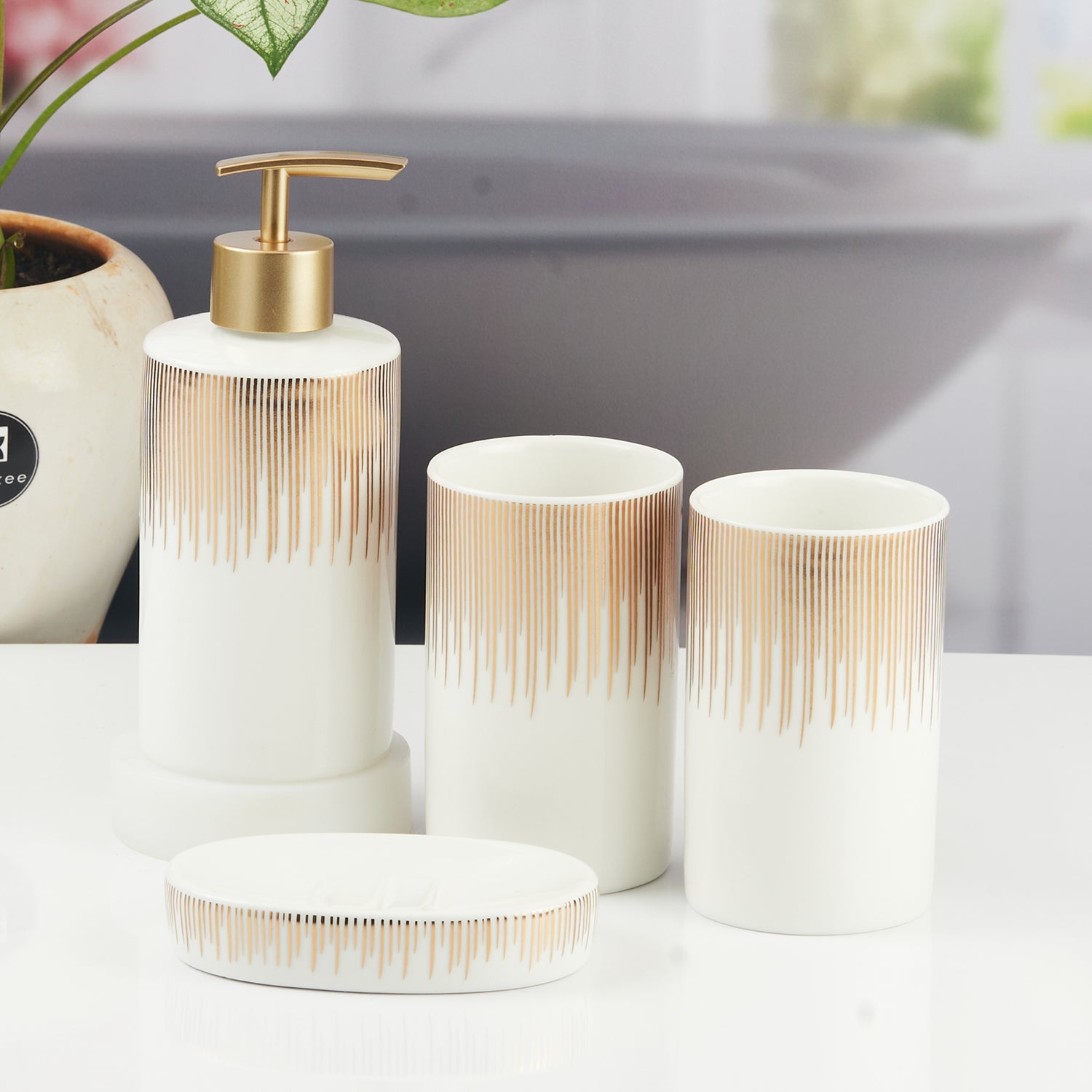 Ceramic Bathroom Accessories Set of 4 with Soap Dispenser (11395)