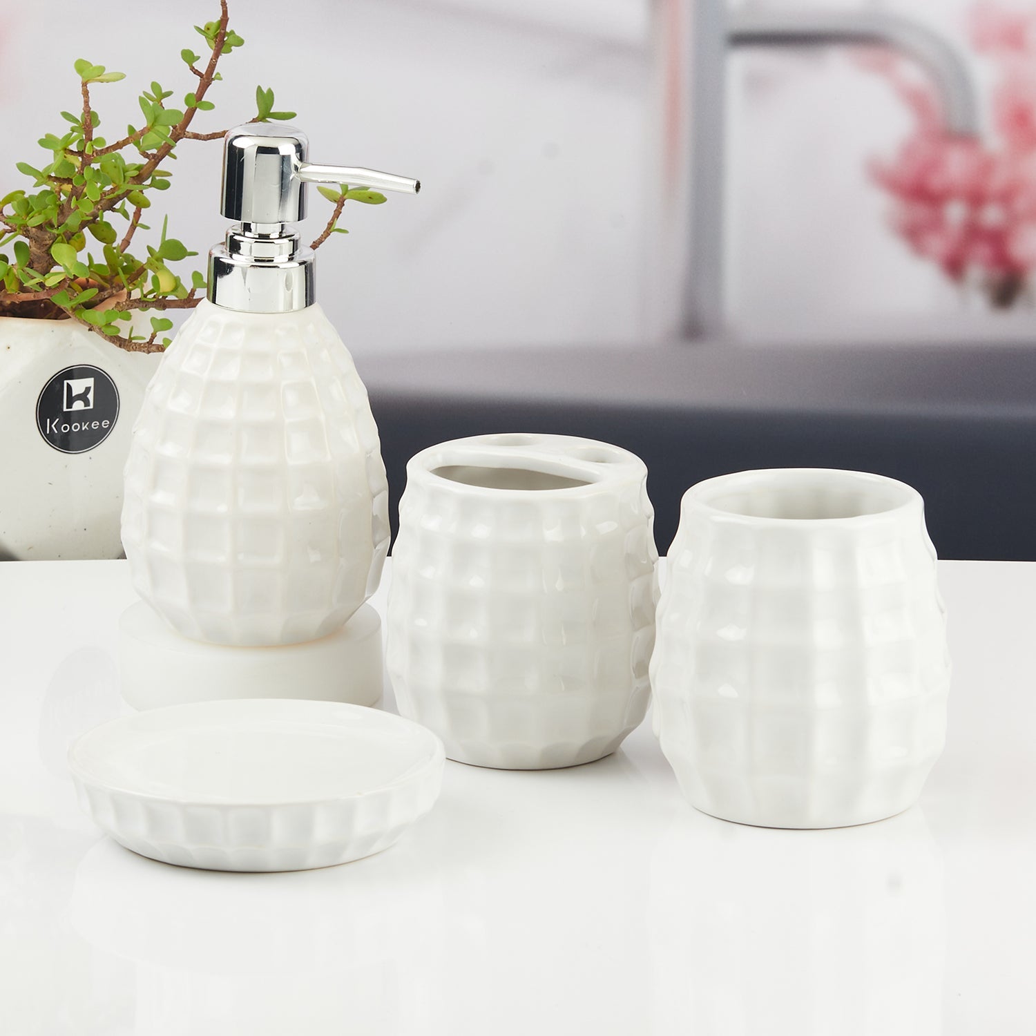 Ceramic Bathroom Accessories Set of 4 with Soap Dispenser (11396)