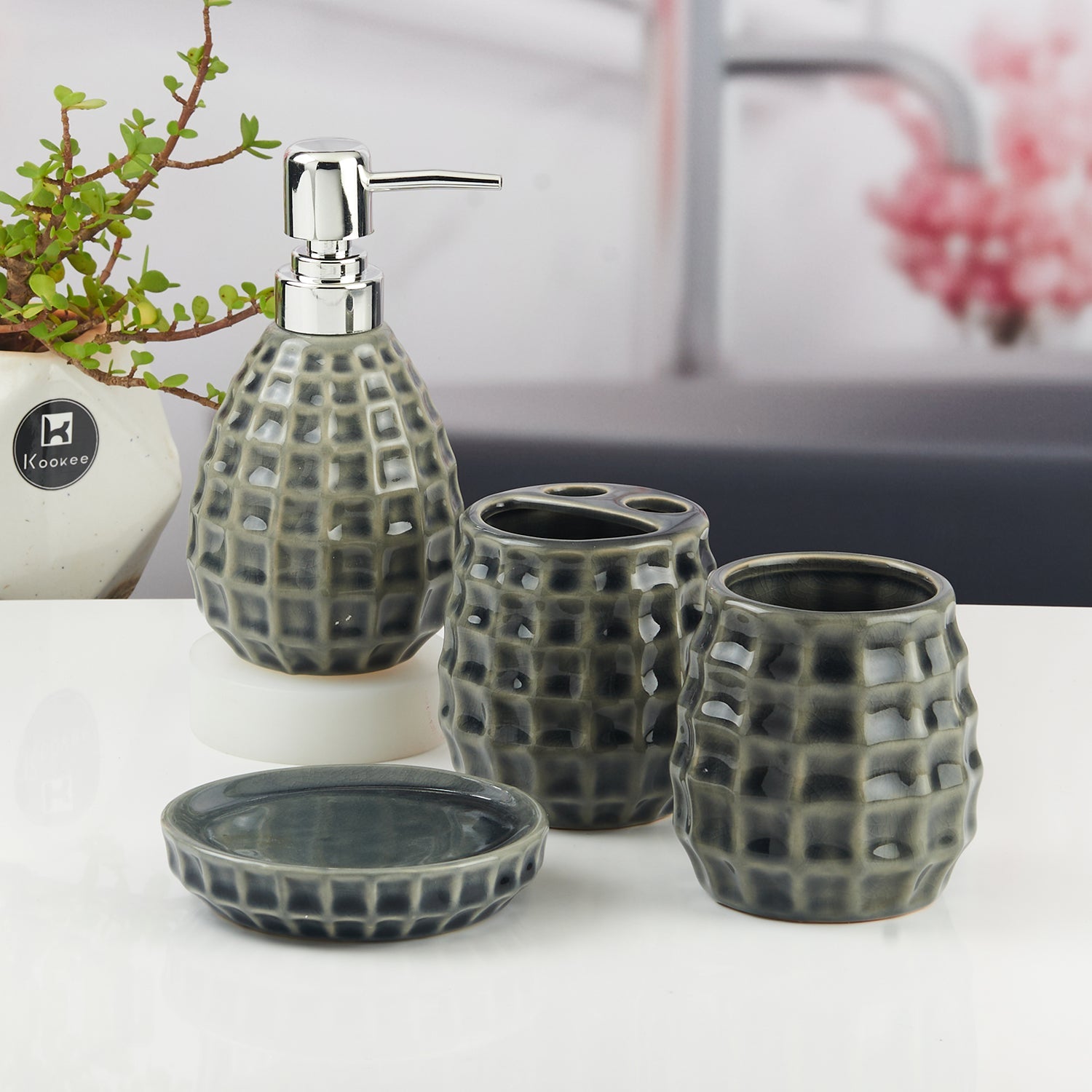Ceramic Bathroom Accessories Set of 4 with Soap Dispenser (11396)