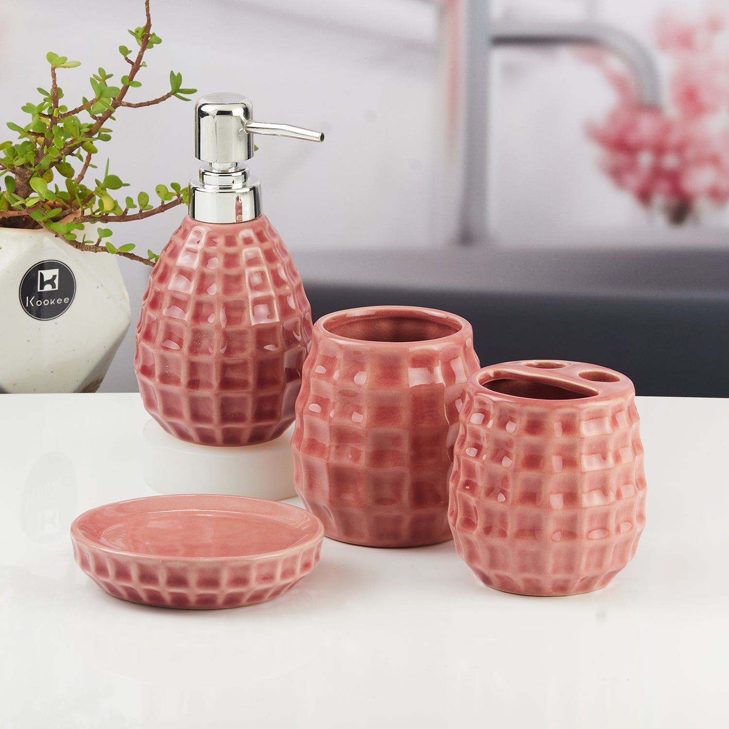 Ceramic Bathroom Accessories Set of 4 with Soap Dispenser (11396)
