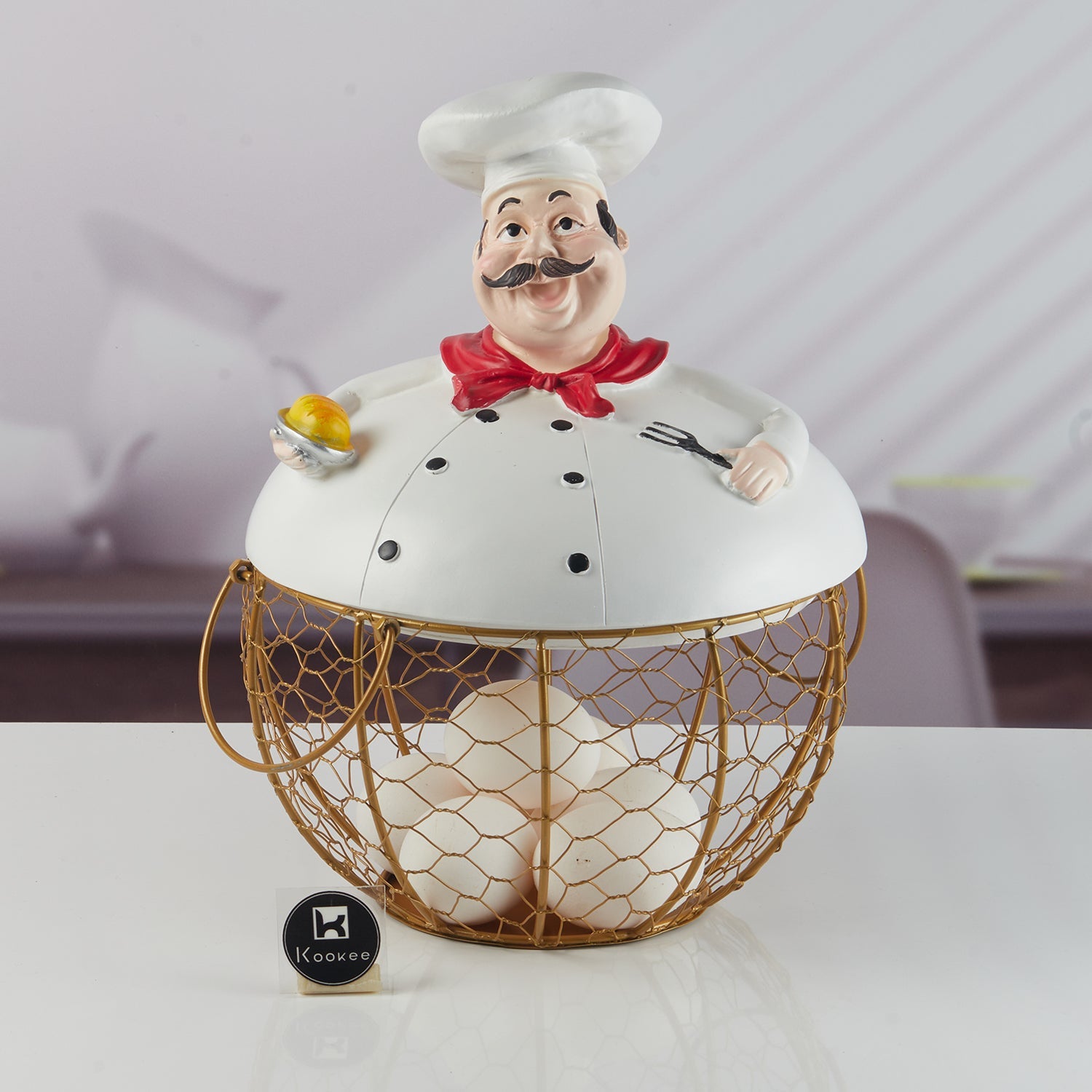 Chef Shape Wire Black Mesh Egg Storage with White Polyresin Chef Top & Handles