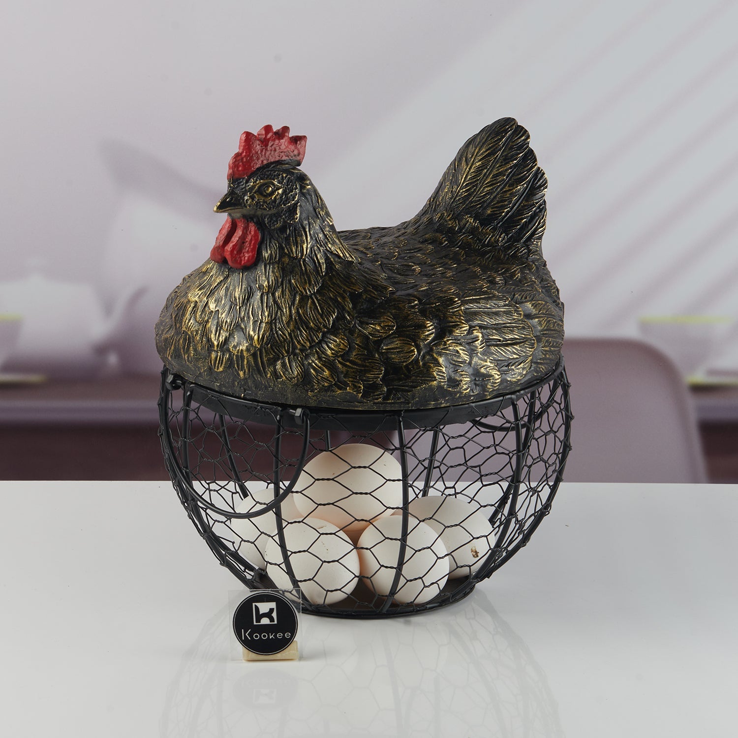 Chef Shape Wire Black Mesh Egg Storage with White Polyresin Chef Top & Handles