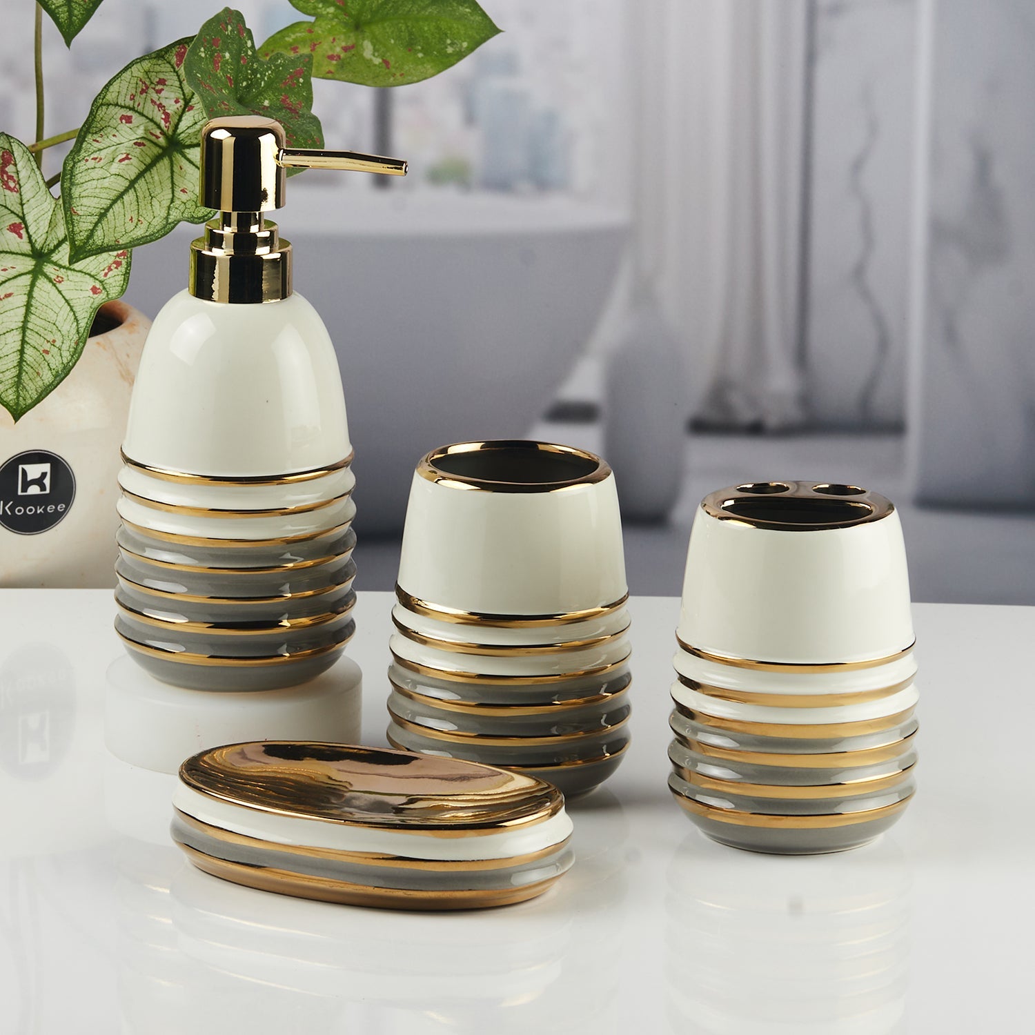 Ceramic Bathroom Accessories Set of 4 with Soap Dispenser (11422)