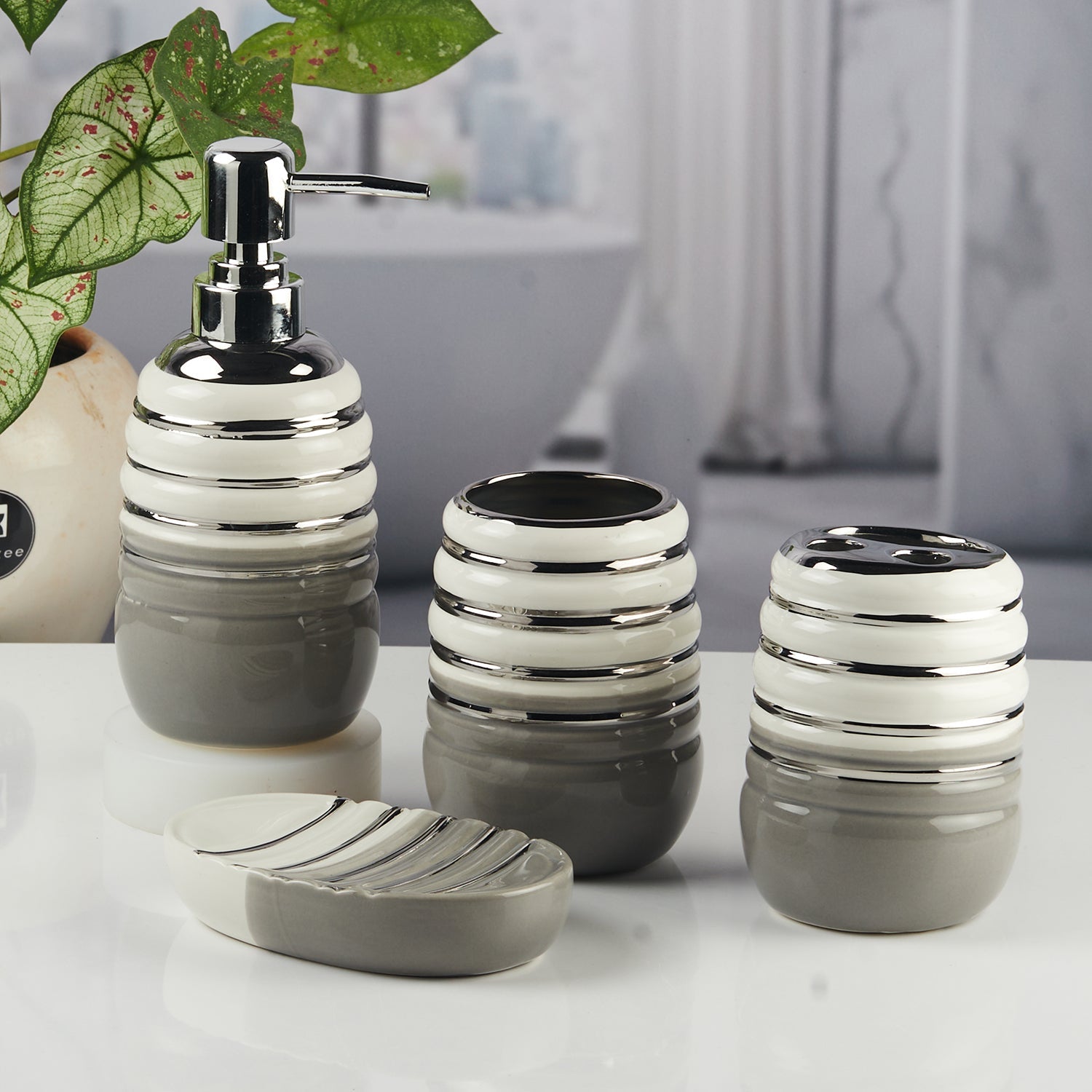 Ceramic Bathroom Accessories Set of 4 with Soap Dispenser (11422)