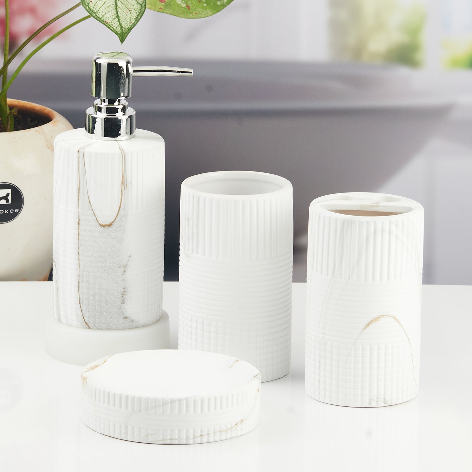 Ceramic Bathroom Accessories Set of 4 with Soap Dispenser (11424)