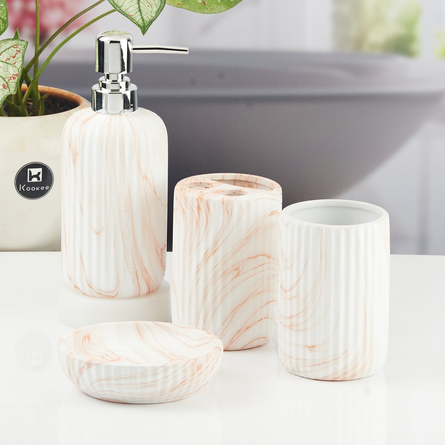 Ceramic Bathroom Accessories Set of 4 with Soap Dispenser (11425)