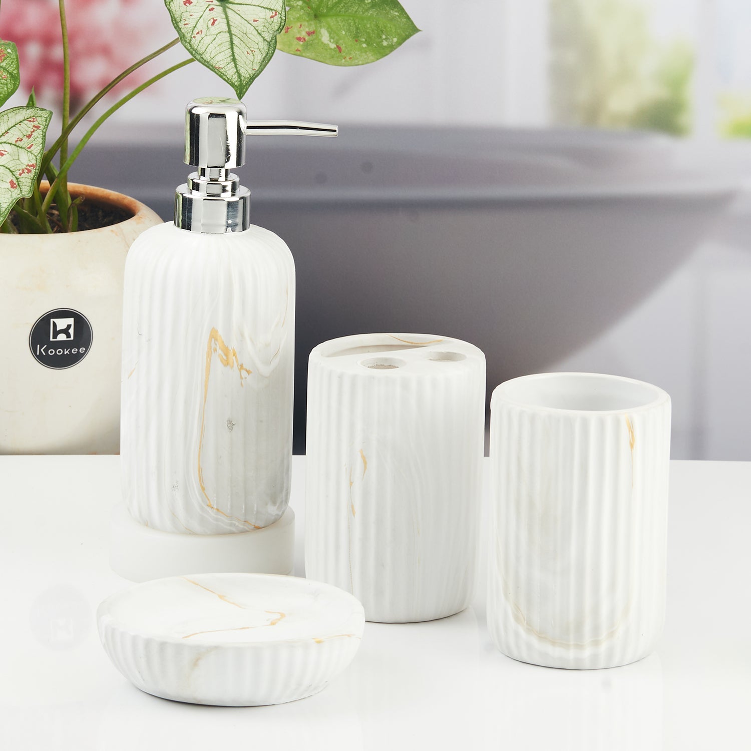 Ceramic Bathroom Accessories Set of 4 with Soap Dispenser (11426)