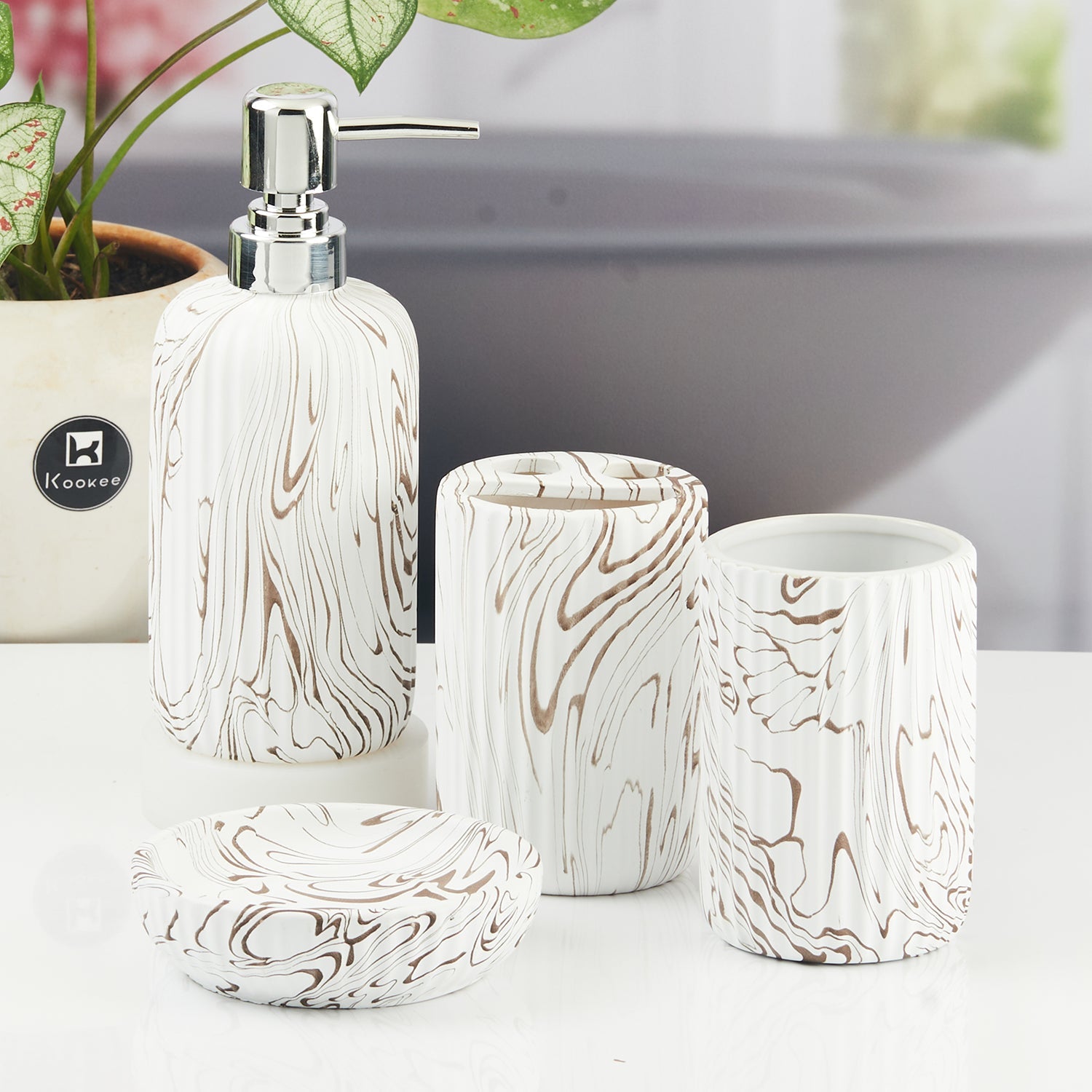 Ceramic Bathroom Accessories Set of 4 with Soap Dispenser (11427)