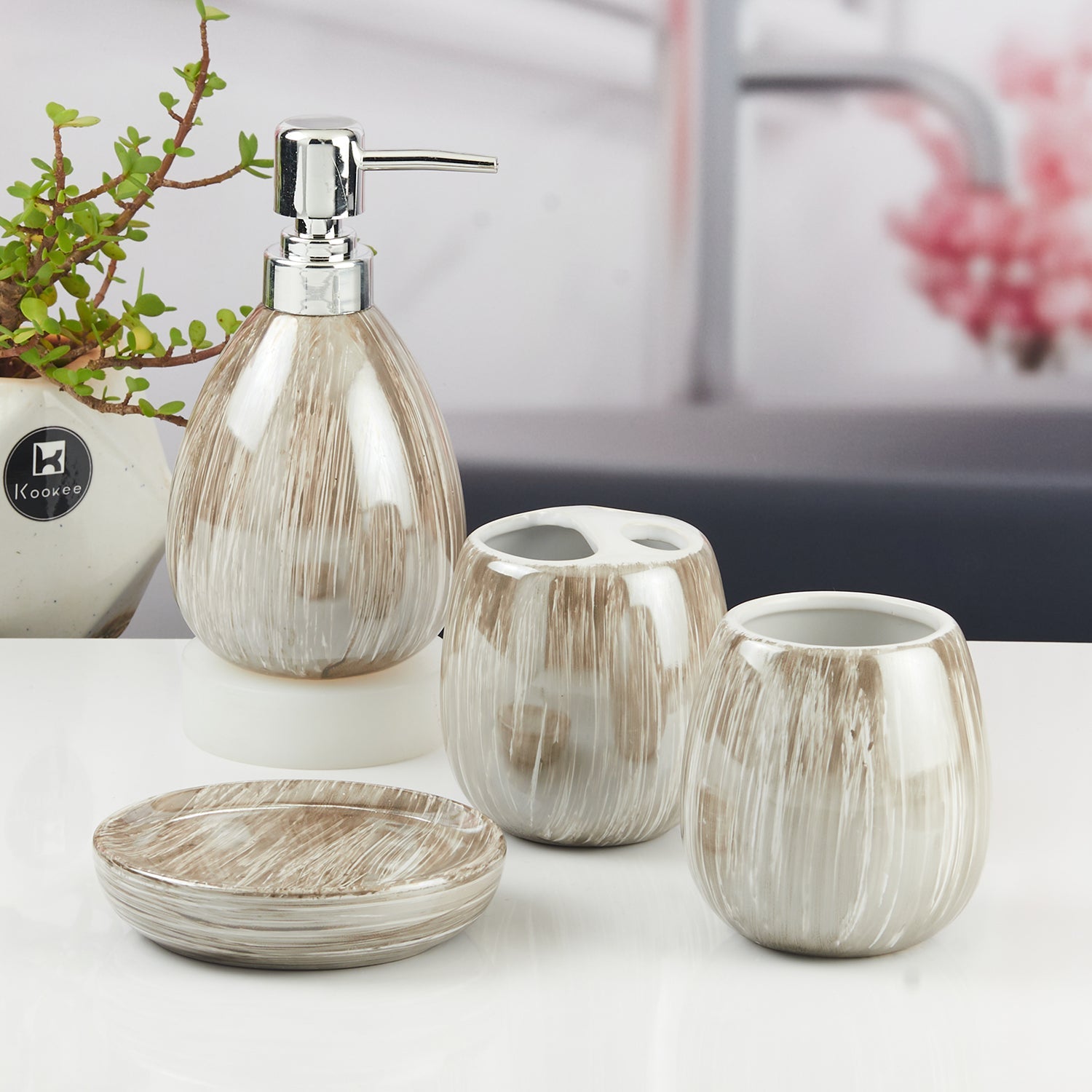 Ceramic Bathroom Accessories Set of 4 with Soap Dispenser (11430)