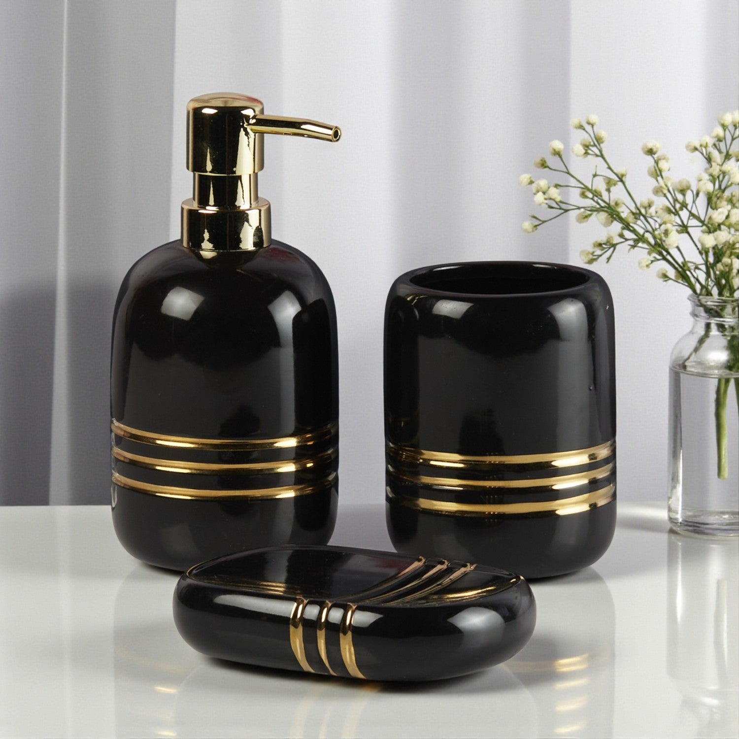 Ceramic Bathroom Accessories Set of 3 with Soap Dispenser (11431)