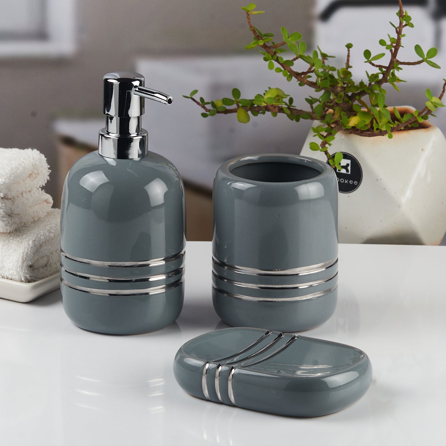 Ceramic Bathroom Accessories Set of 3 with Soap Dispenser (11431)