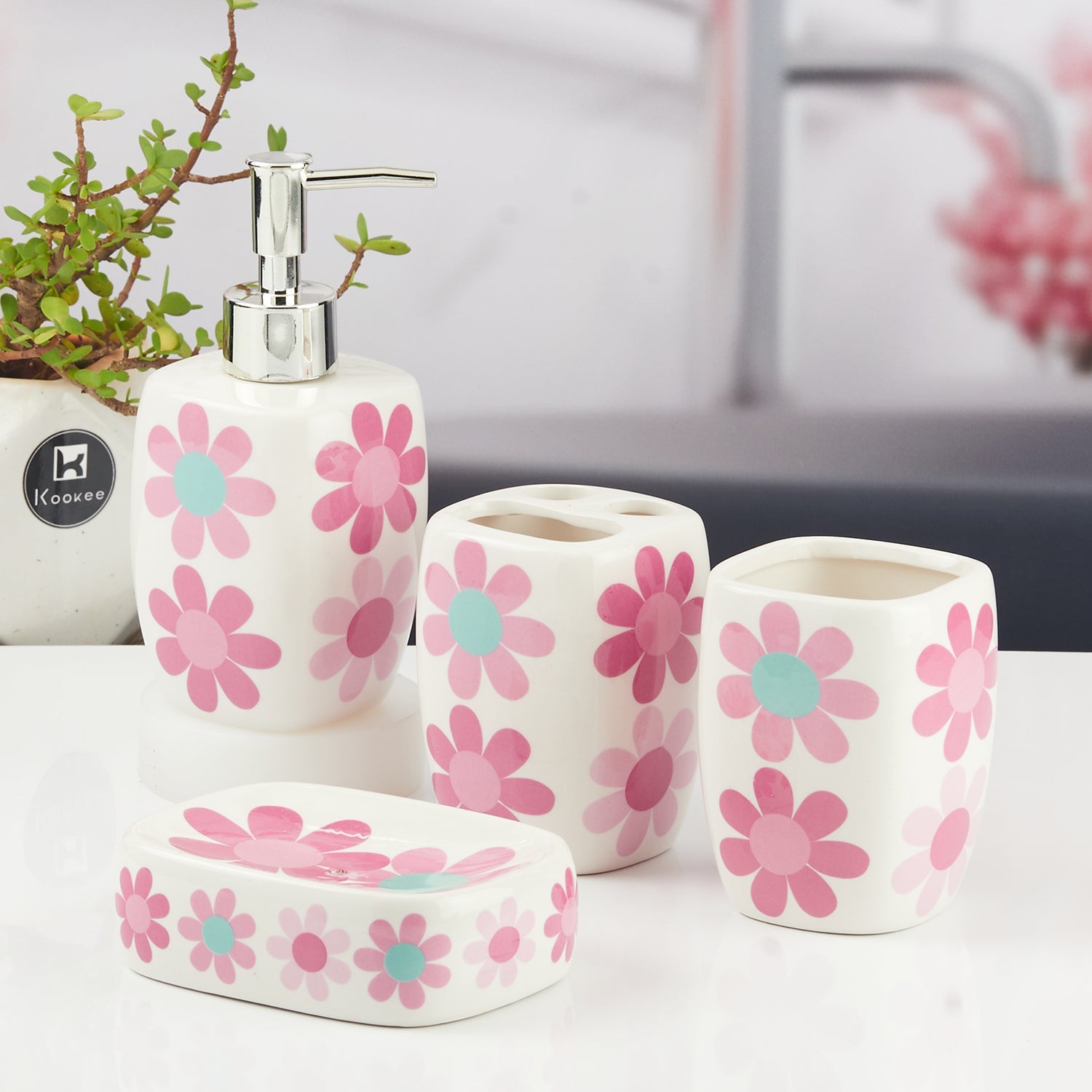 Ceramic Bathroom Accessories Set of 4 with Soap Dispenser (10170)