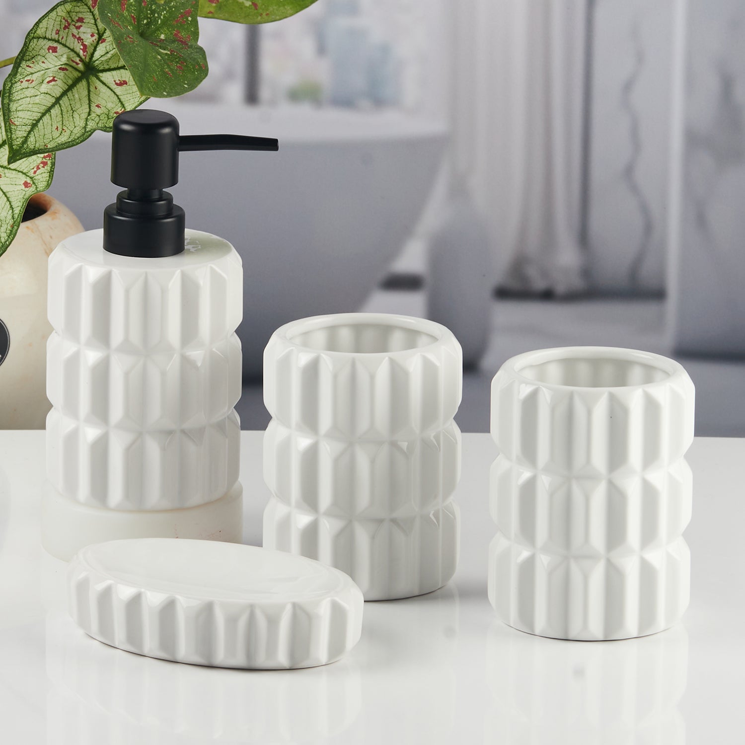Ceramic Bathroom Accessories Set of 4 with Soap Dispenser (11134)