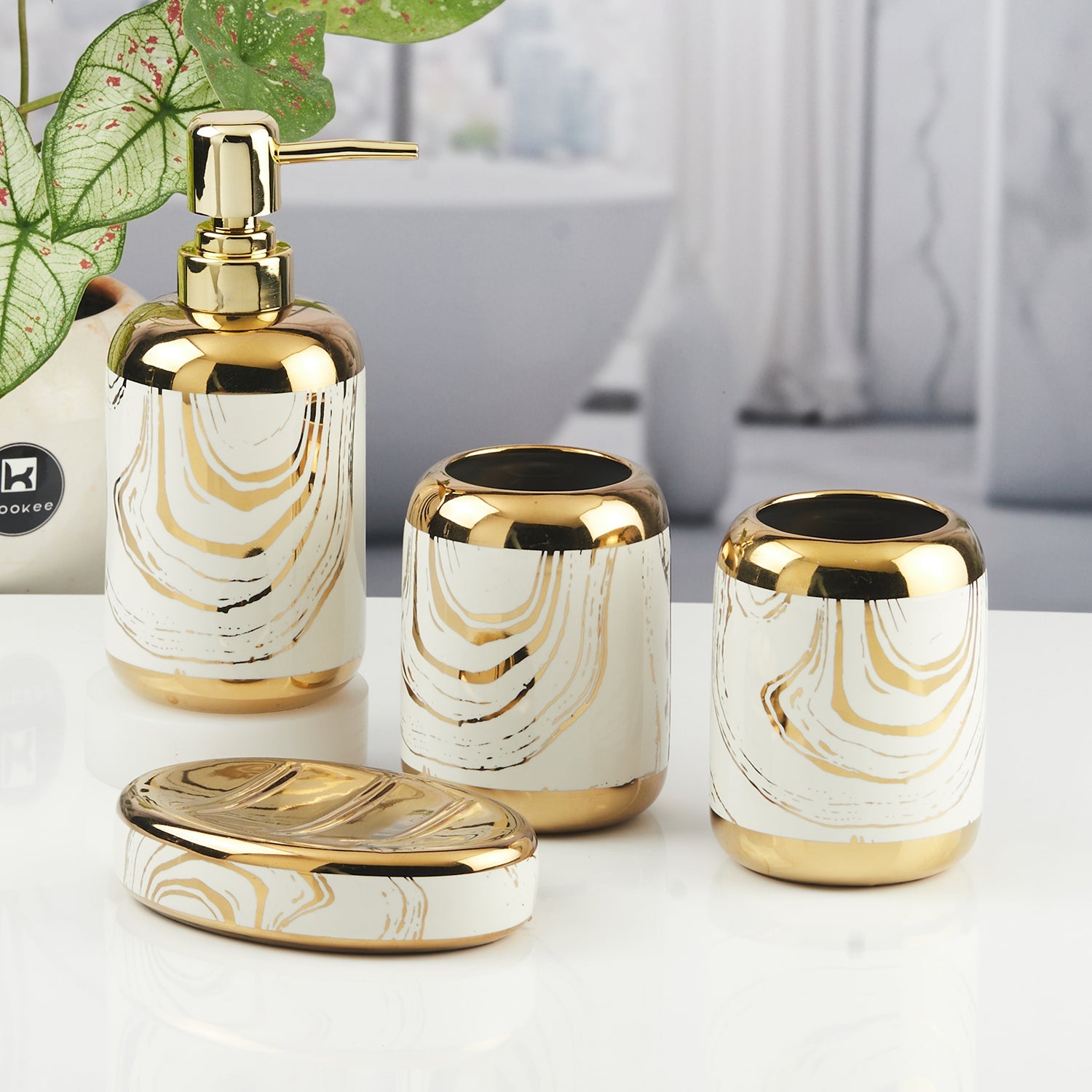Ceramic Bathroom Accessories Set of 4 with Soap Dispenser (11438)