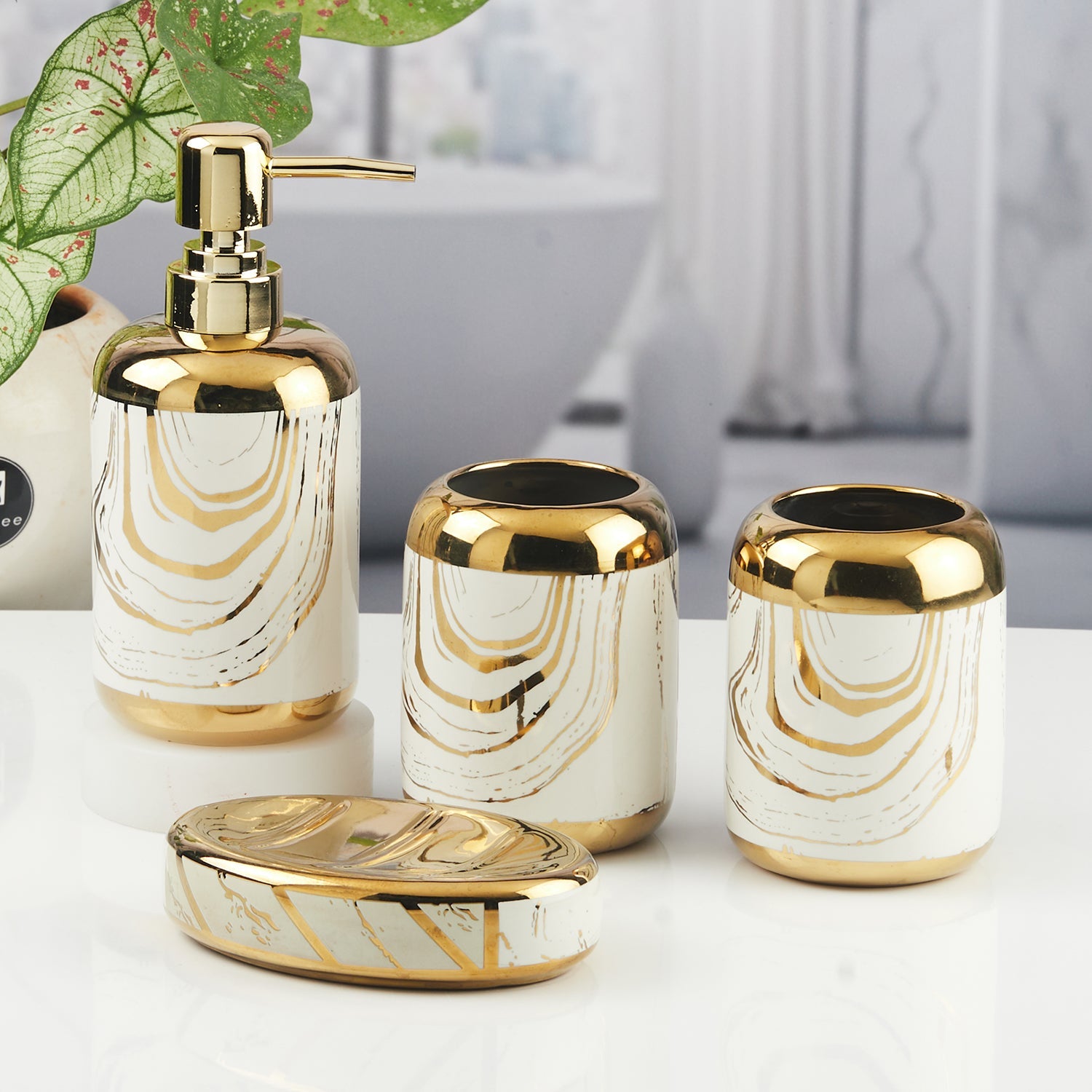 Ceramic Bathroom Accessories Set of 4 with Soap Dispenser (11439)