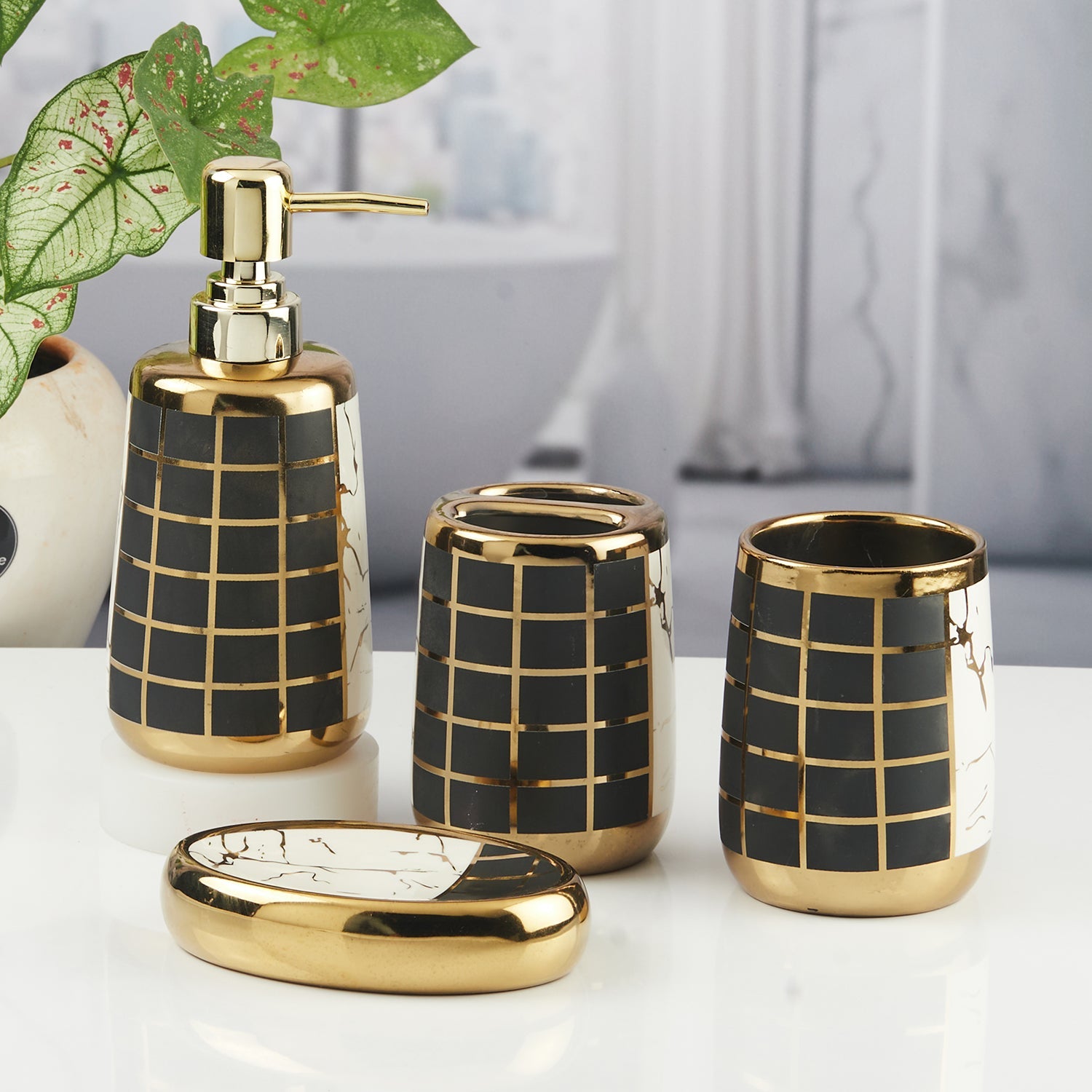 Ceramic Bathroom Accessories Set of 4 with Soap Dispenser (11440)