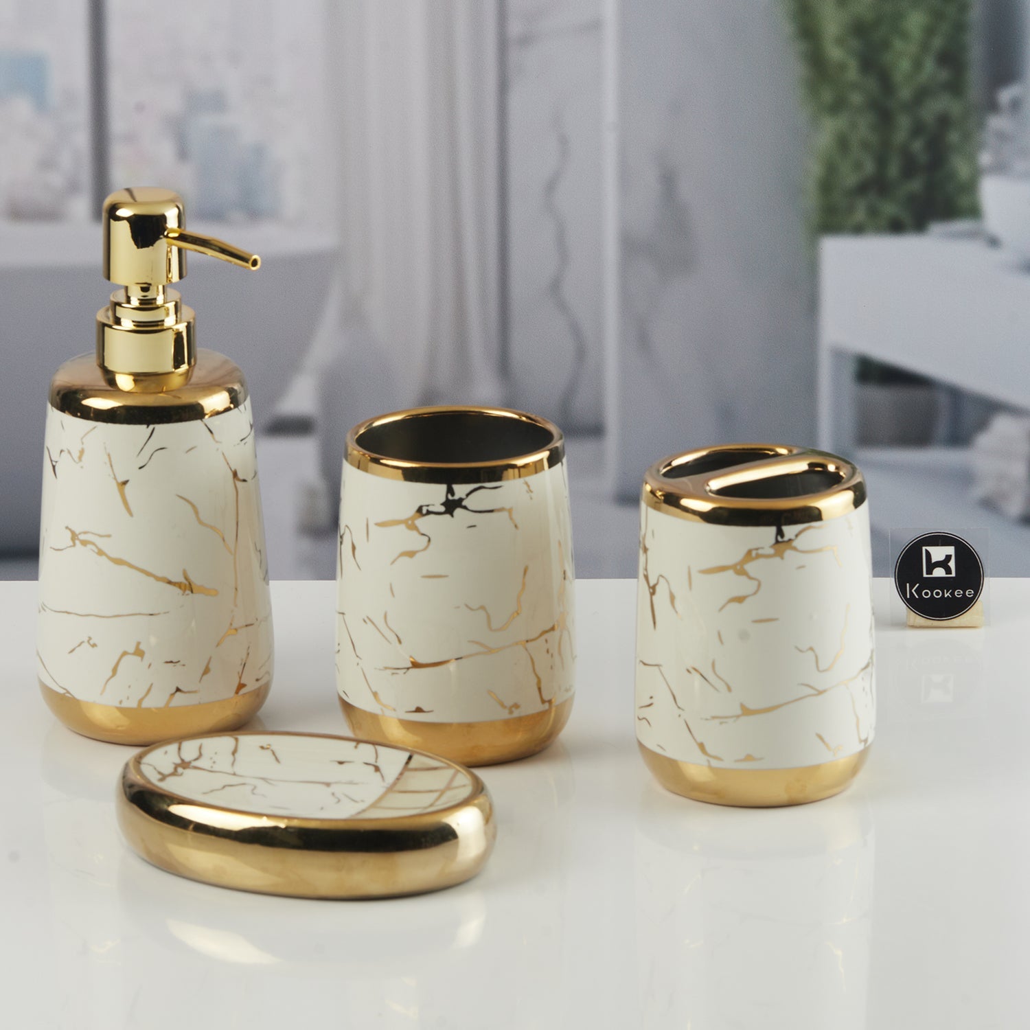 Ceramic Bathroom Accessories Set of 4 with Soap Dispenser (11441)