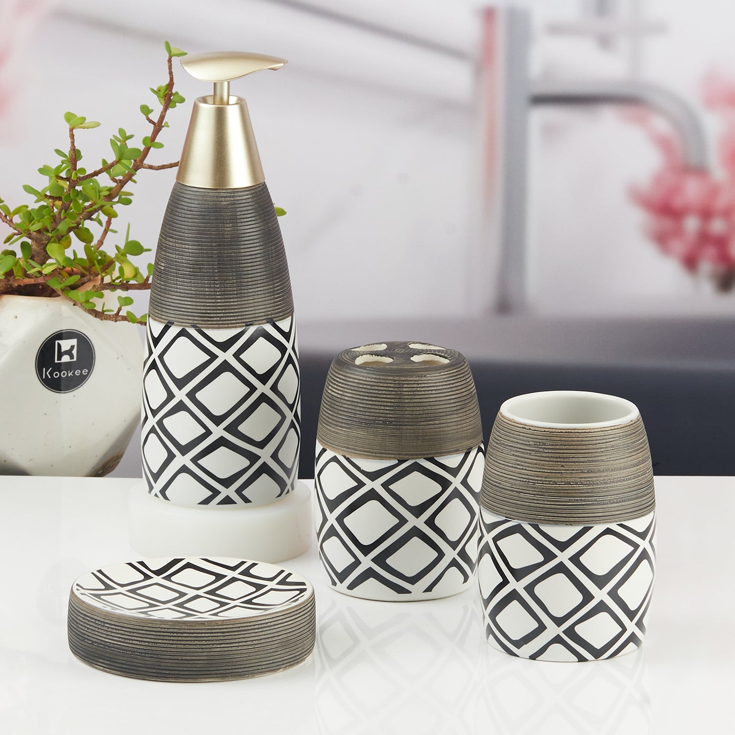 Ceramic Bathroom Accessories Set of 4 with Soap Dispenser (11442)