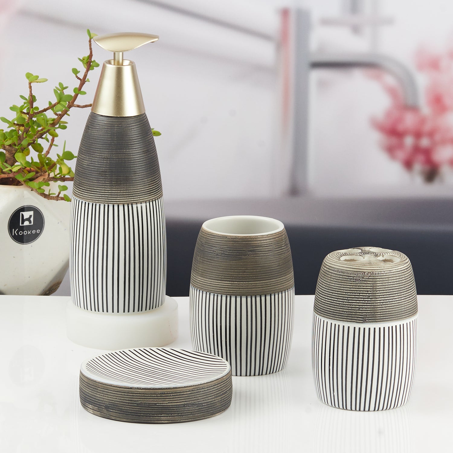 Ceramic Bathroom Accessories Set of 4 with Soap Dispenser (11443)