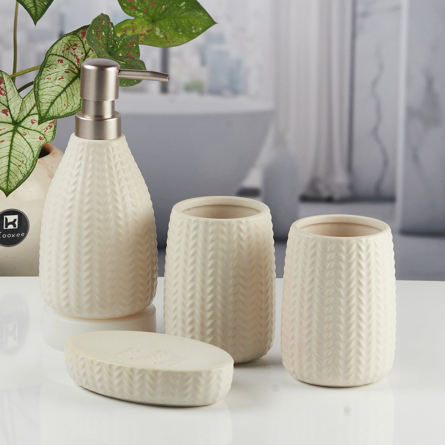 Ceramic Bathroom Accessories Set of 4 with Soap Dispenser (11094)