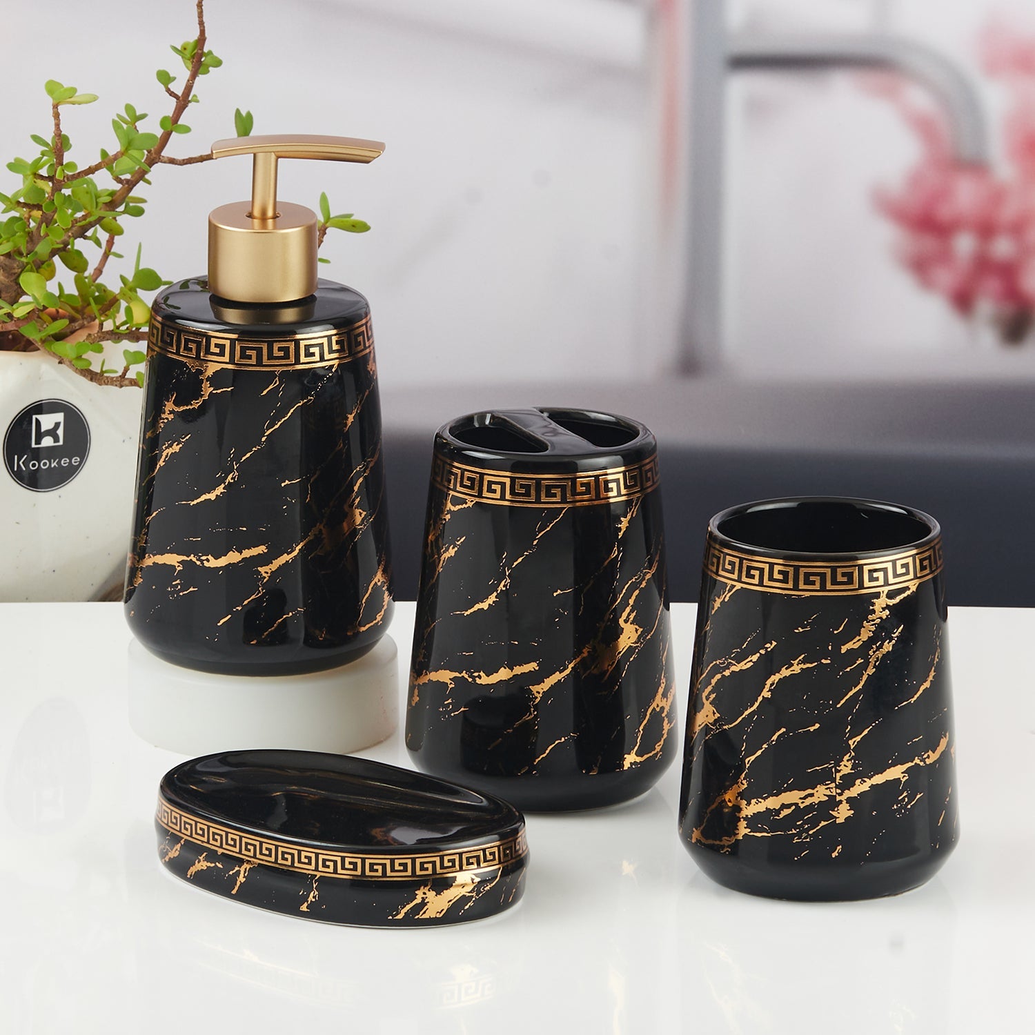 Ceramic Bathroom Accessories Set of 4 with Soap Dispenser (11447)