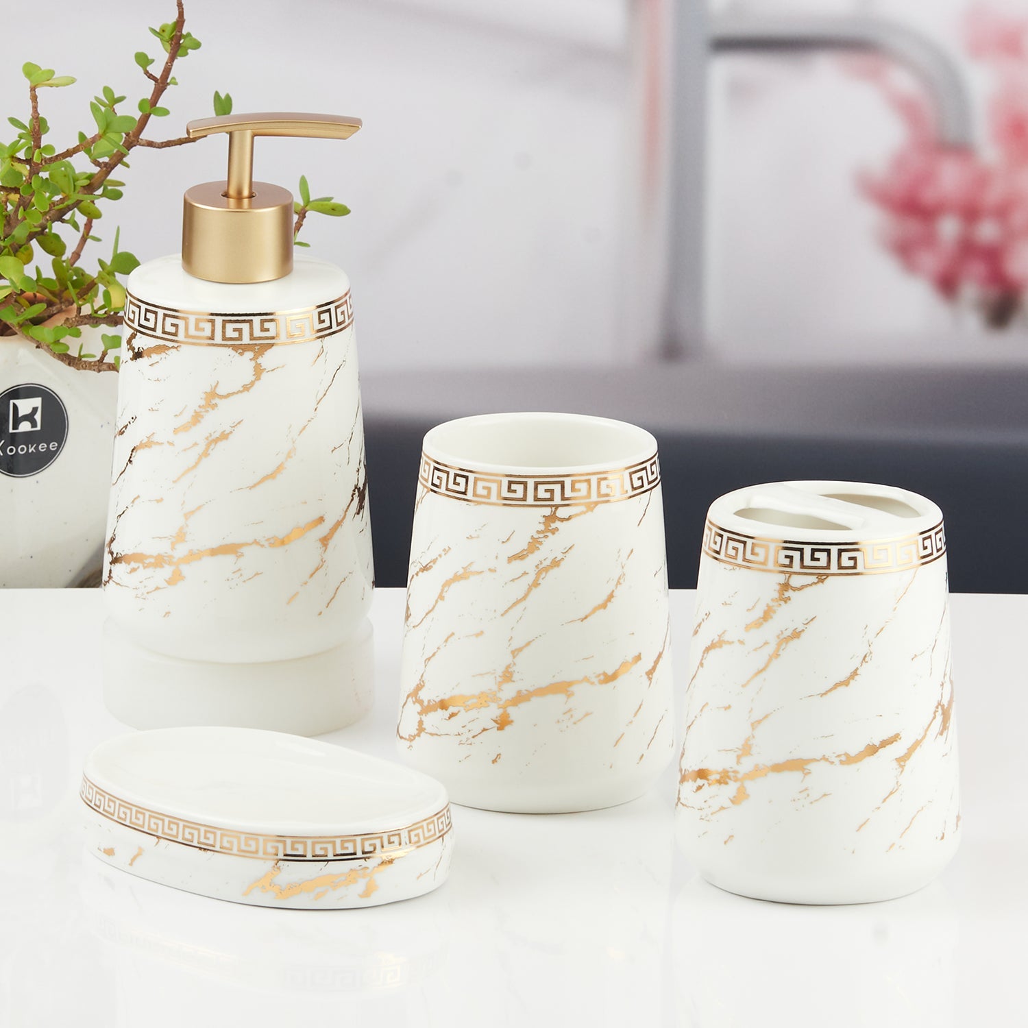 Ceramic Bathroom Accessories Set of 4 with Soap Dispenser (11447)