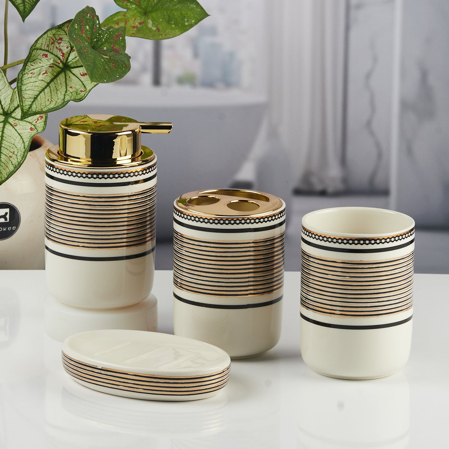 Ceramic Bathroom Accessories Set of 4 with Soap Dispenser (11449)