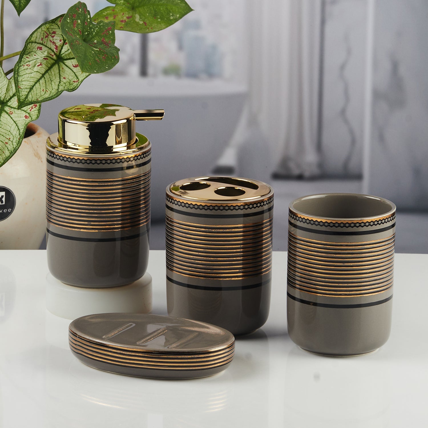 Ceramic Bathroom Accessories Set of 4 with Soap Dispenser (11450)