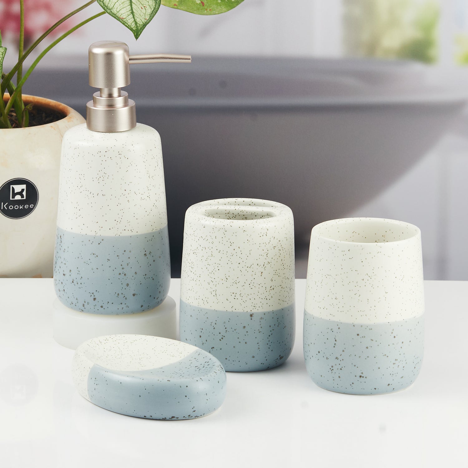Ceramic Bathroom Accessories Set of 4 with Soap Dispenser (11501)