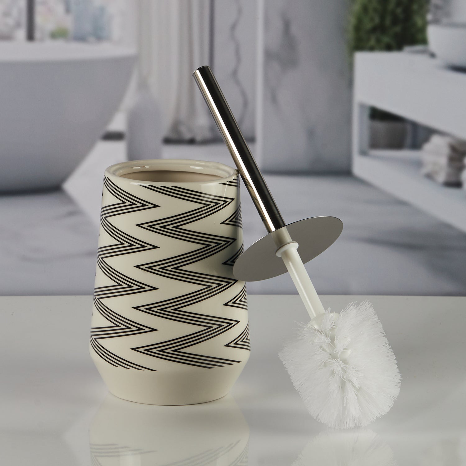 Ceramic Toilet Cleaner Brush with Holder Stand for Bathroom, White (11502)