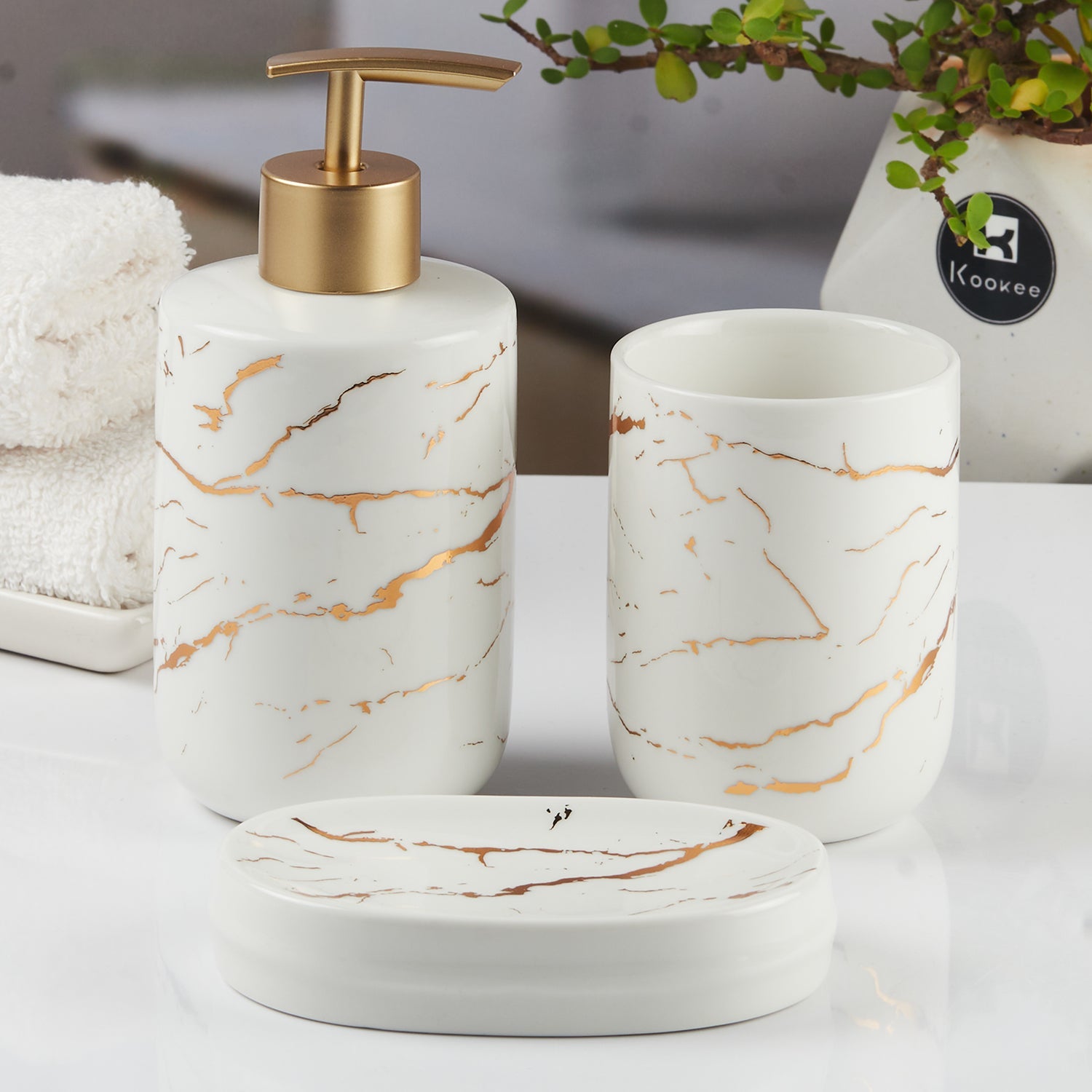 Ceramic Bathroom Accessories Set of 3 with Soap Dispenser (11519)