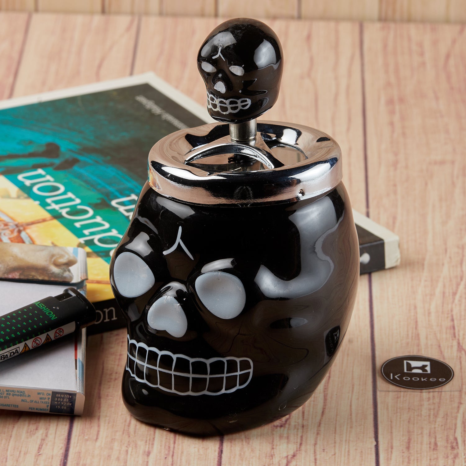 Smokeless Ceramic Push Down Ashtray for Cigarettes, Round, Black (11520)