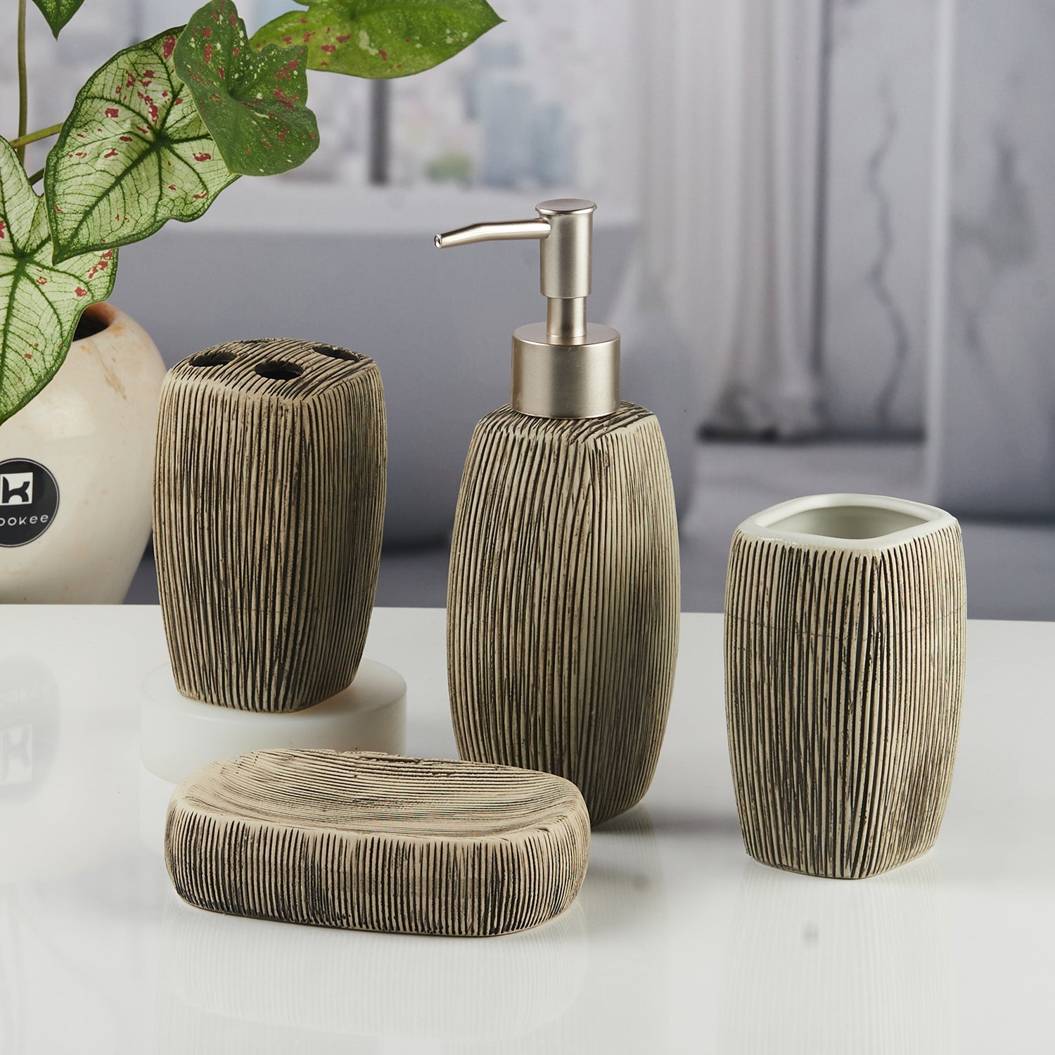 Ceramic Bathroom Accessories Set of 4 with Soap Dispenser (11522)