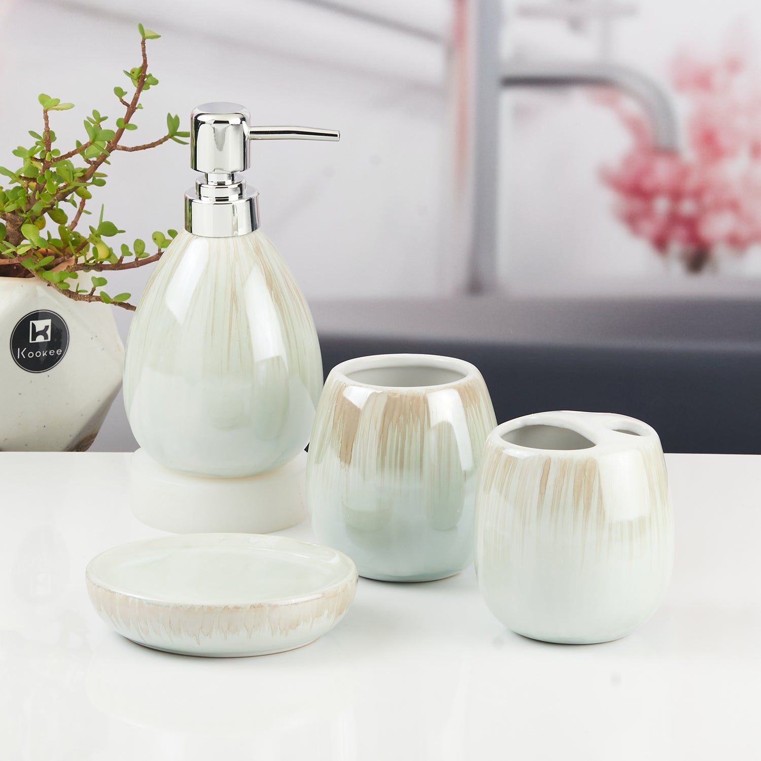 Ceramic Bathroom Accessories Set of 4 with Soap Dispenser (11430)