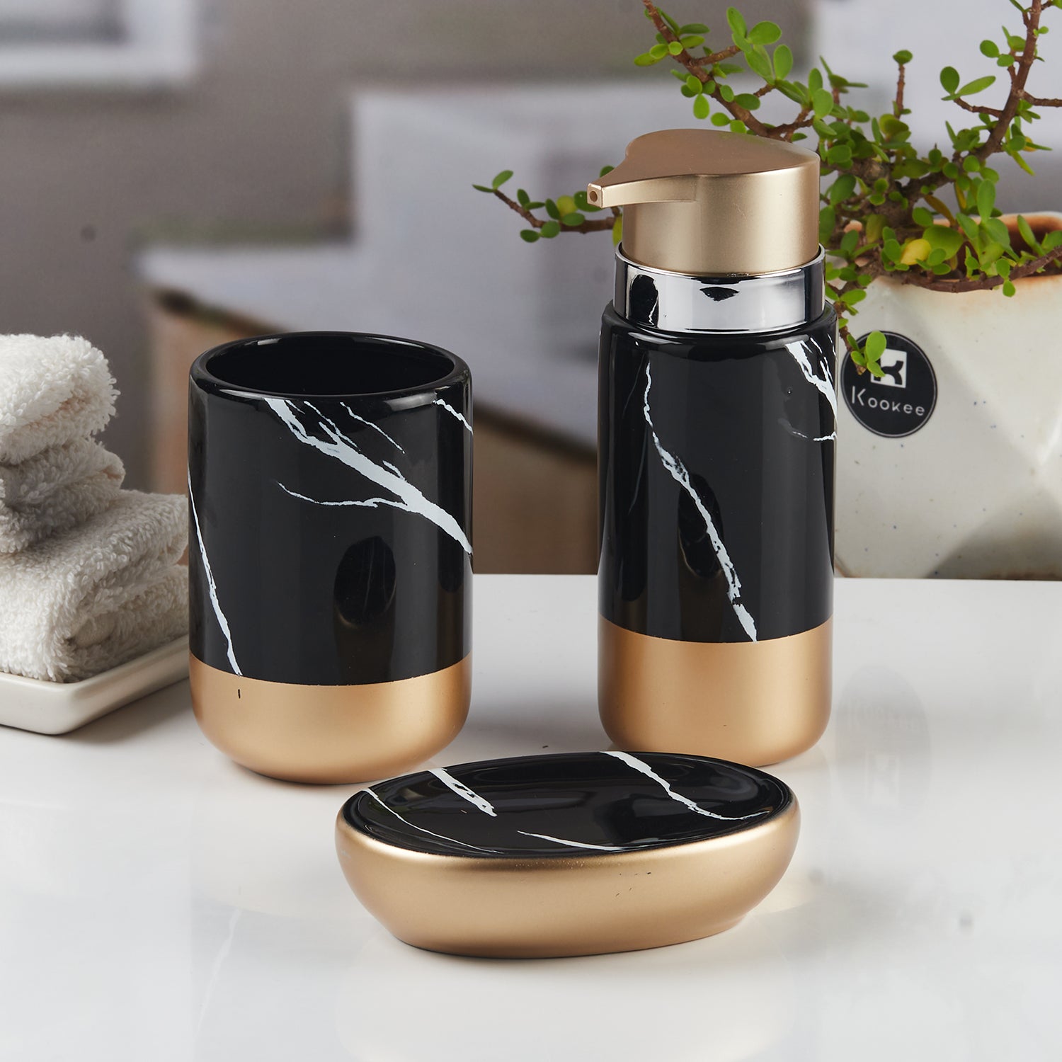 Ceramic Bathroom Accessories Set of 3 with Soap Dispenser (11524)