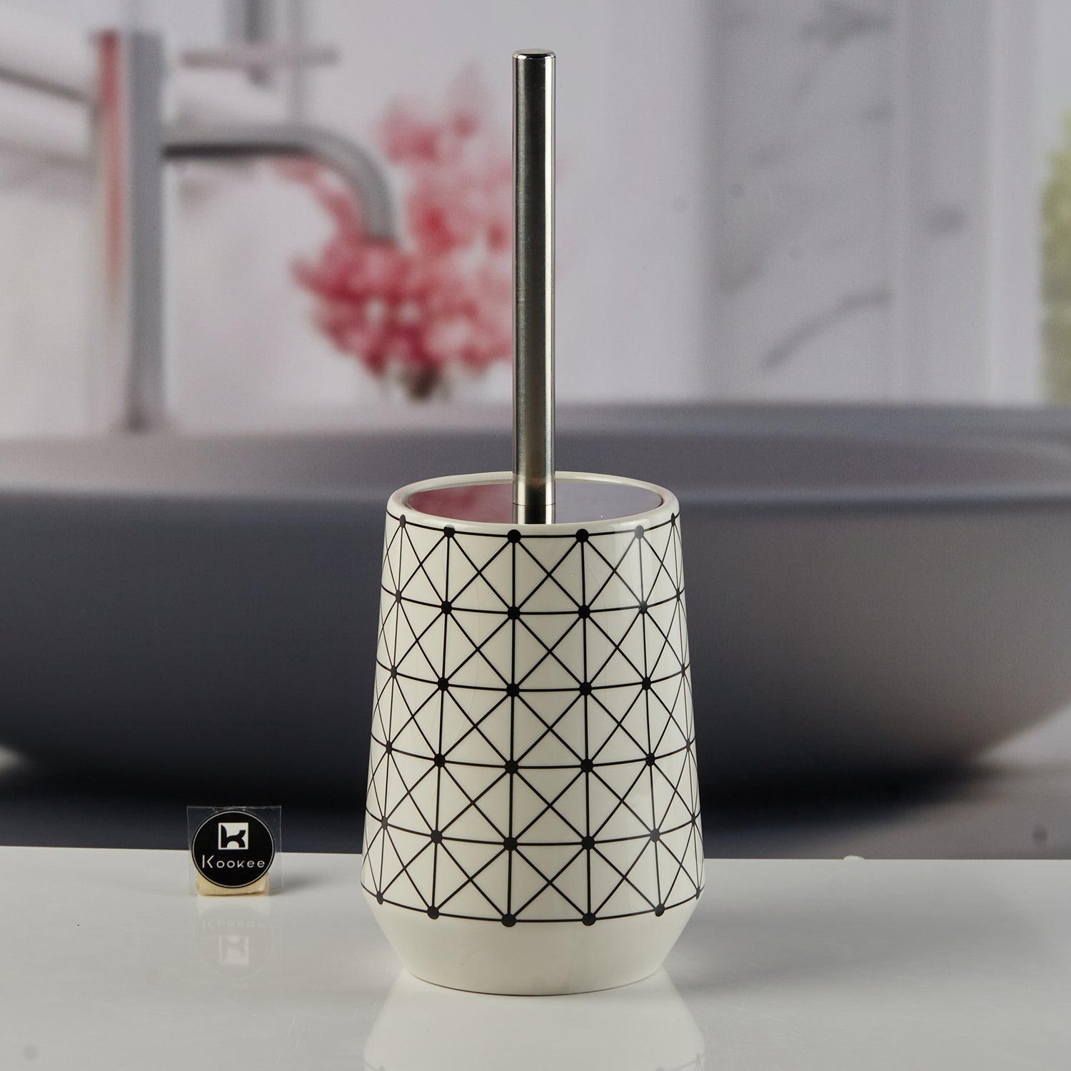 Ceramic Toilet Cleaner Brush with Holder Stand for Bathroom, White (11529)