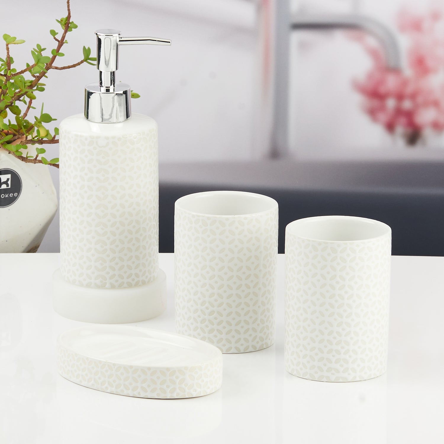 Ceramic Bathroom Accessories Set of 4 with Soap Dispenser (11531)