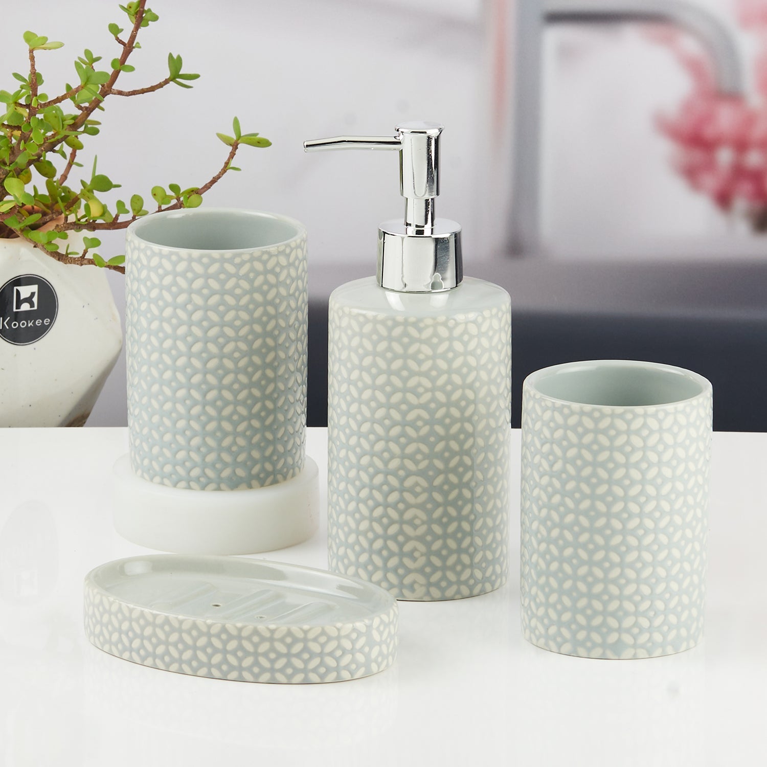 Ceramic Bathroom Accessories Set of 4 with Soap Dispenser (11532)