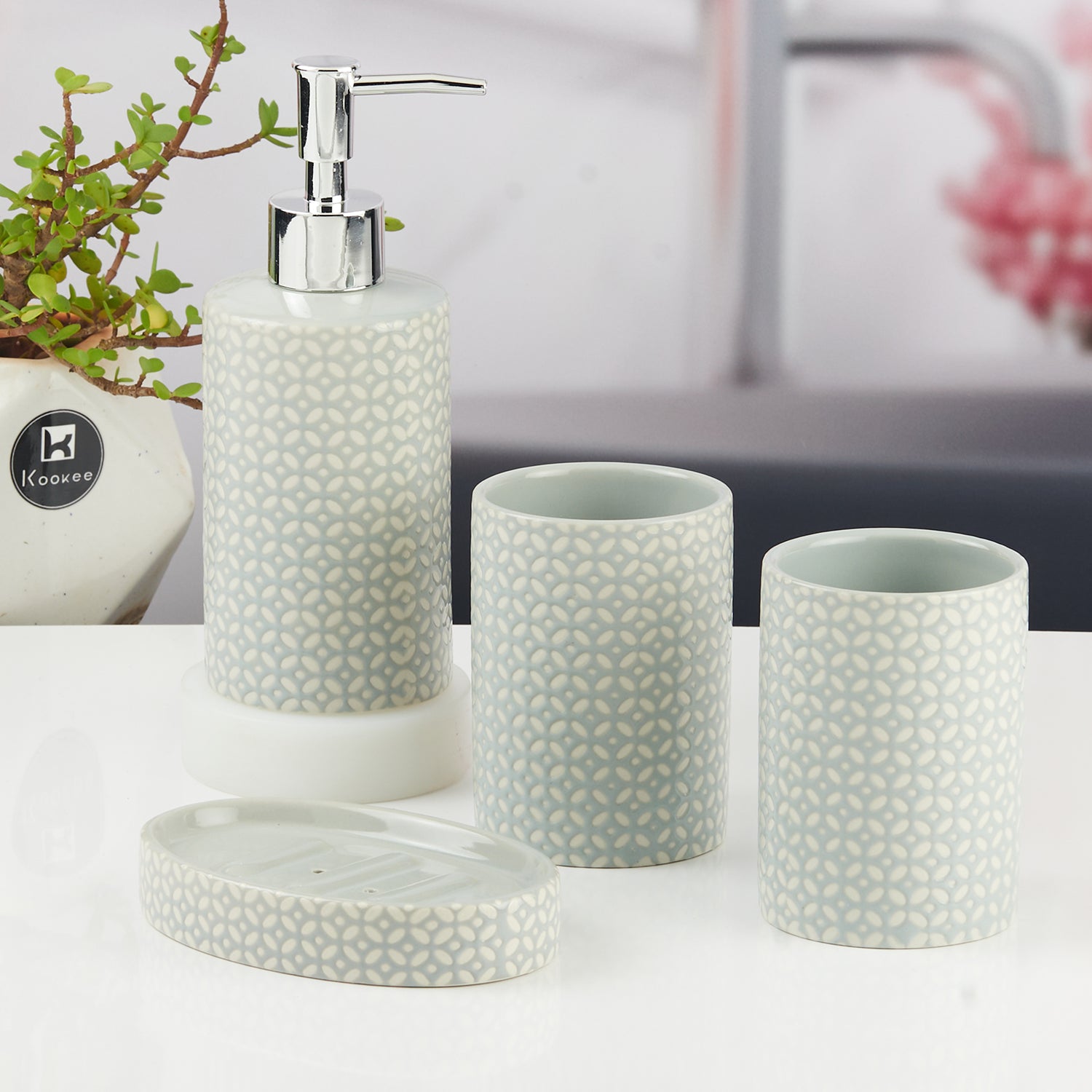 Ceramic Bathroom Accessories Set of 4 with Soap Dispenser (11531)