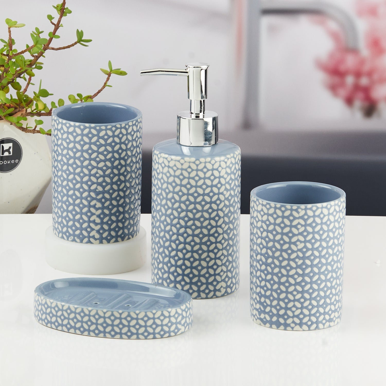 Ceramic Bathroom Accessories Set of 4 with Soap Dispenser (11533)