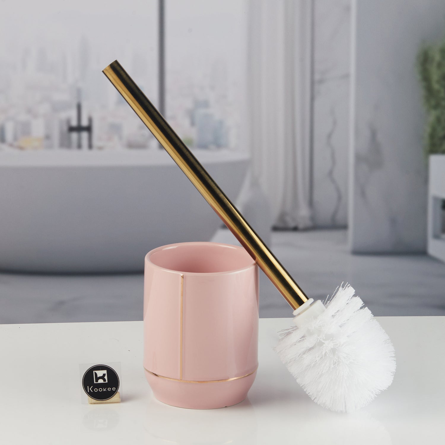 Ceramic Toilet Cleaner Brush with Holder Stand for Bathroom, Pink (11536)