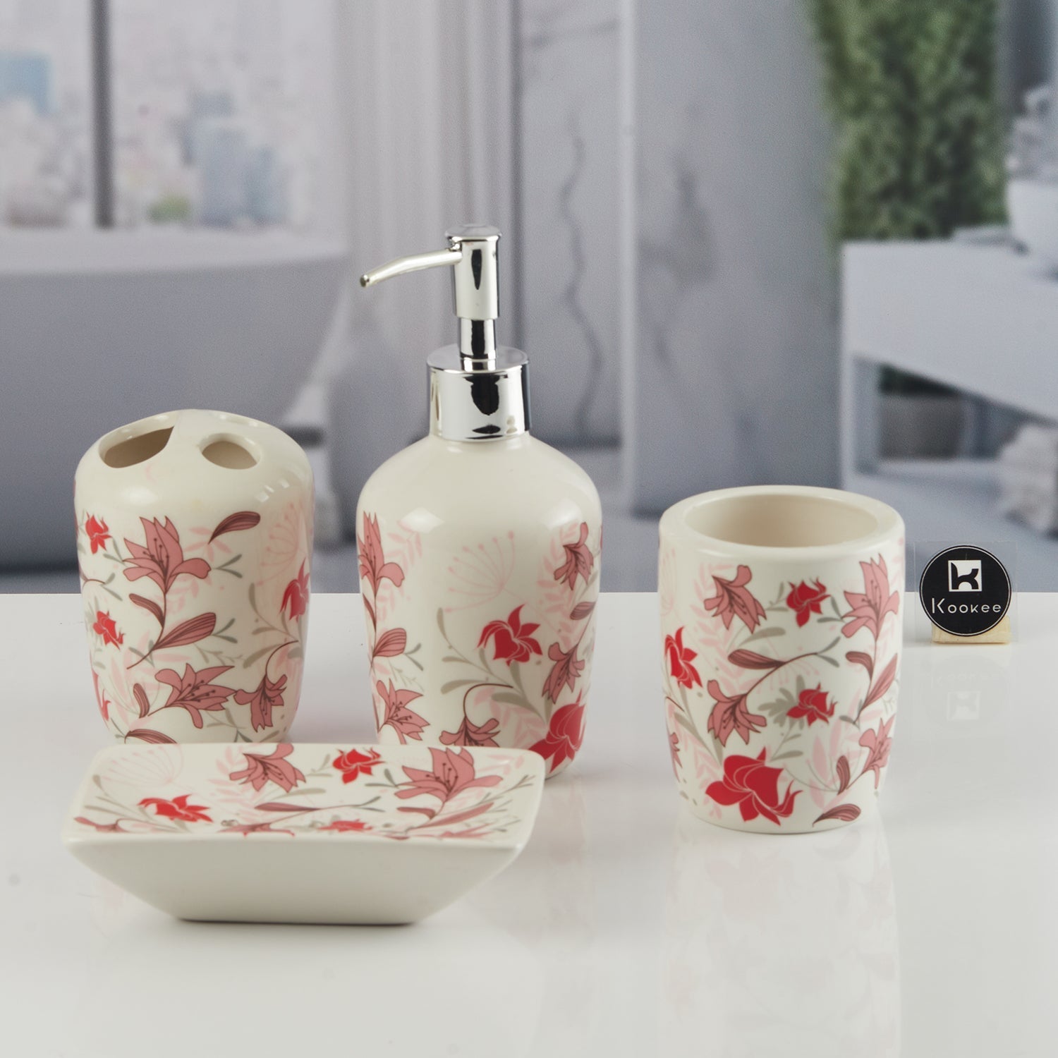 Ceramic Bathroom Accessories Set of 4 with Soap Dispenser (11538)