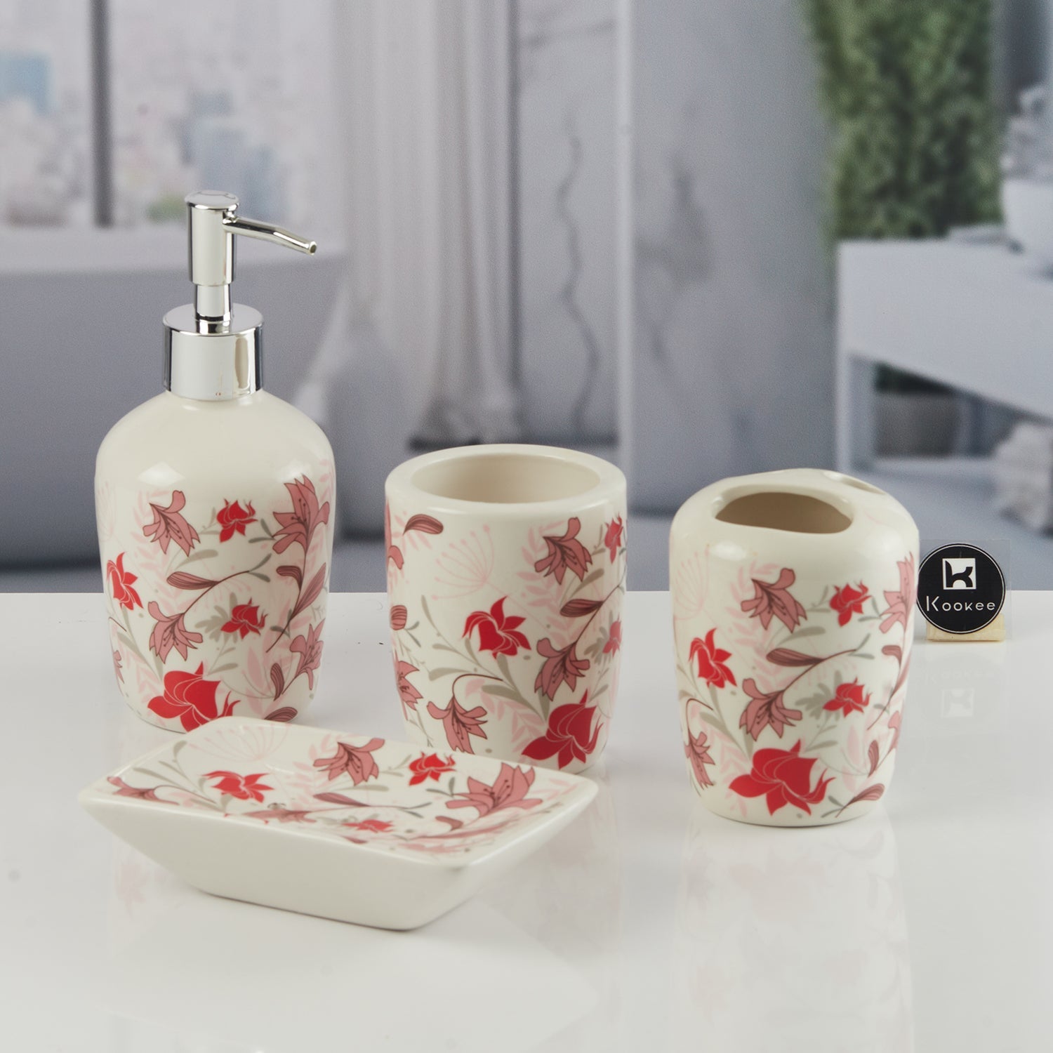 Ceramic Bathroom Accessories Set of 4 with Soap Dispenser (11538)