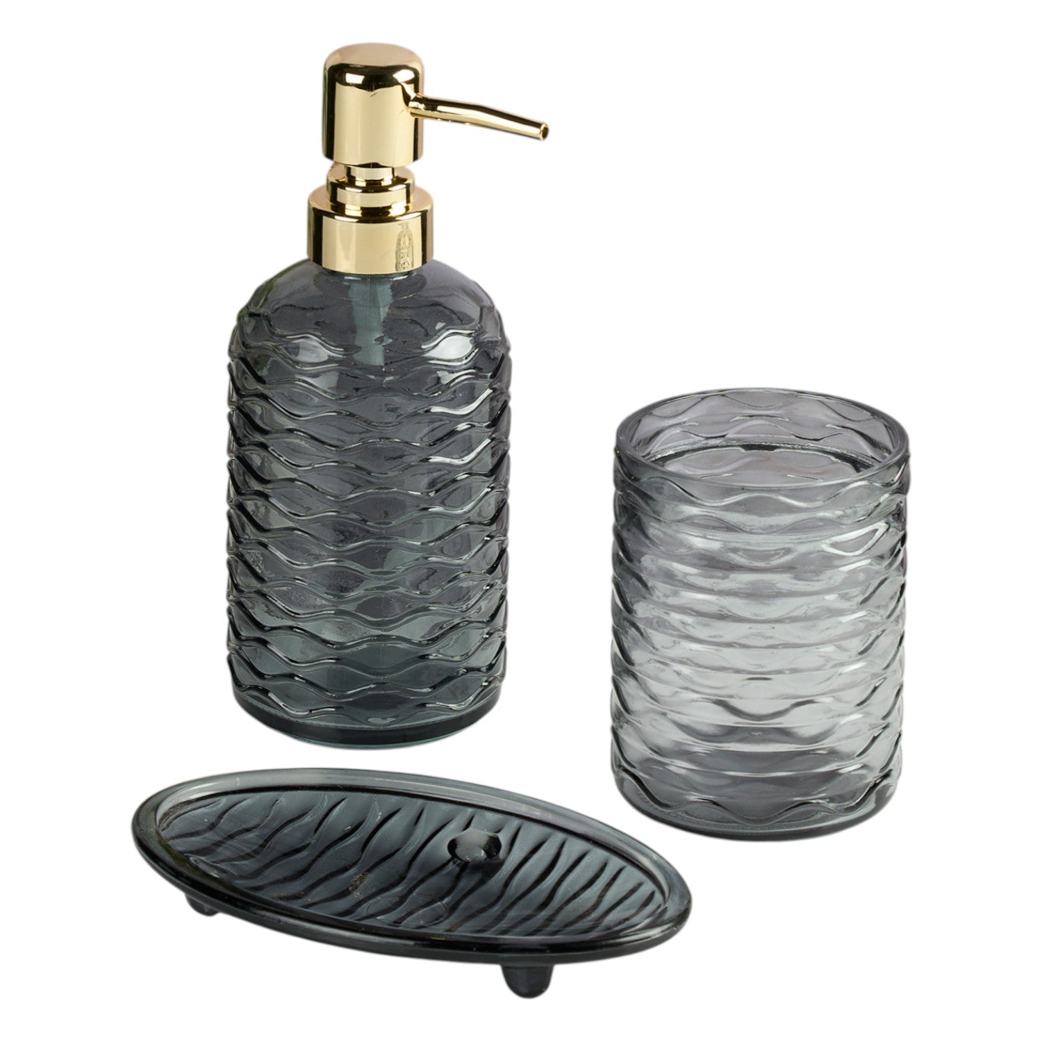Glass Bathroom Accessories Set of 3 with Soap Dispenser, Grey (11564)